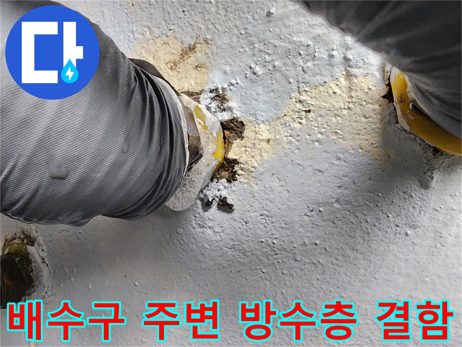 화장실 배수구 유가 주변-손상된 방수층과 배관 부위 확인