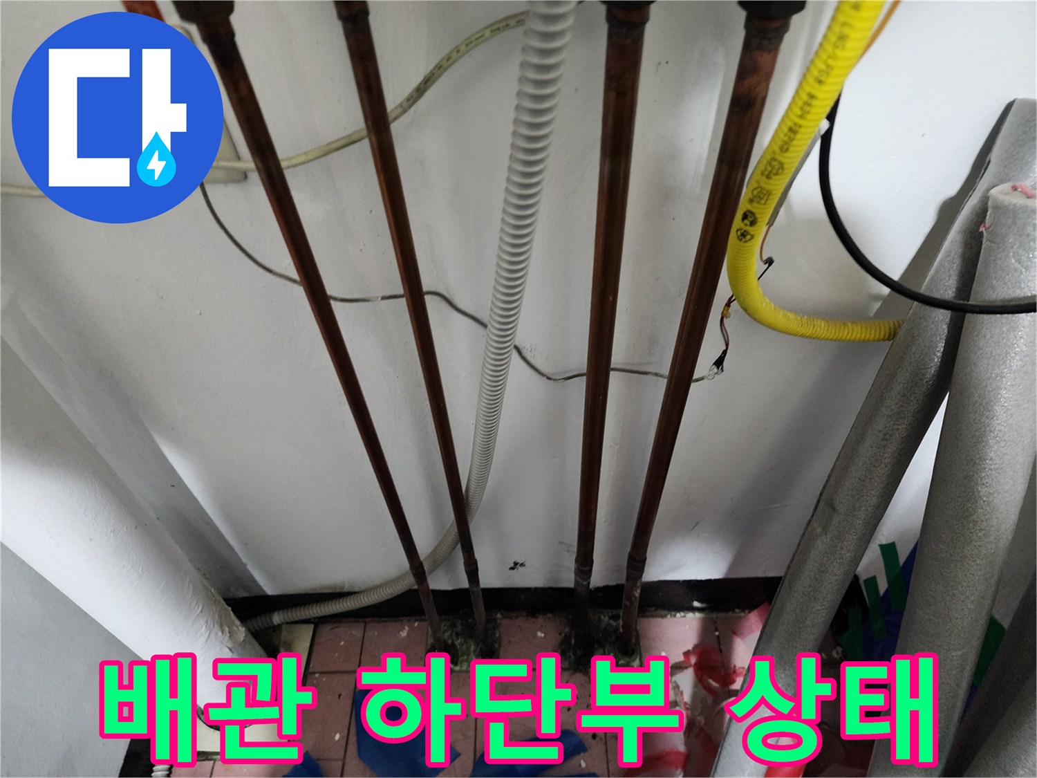 바닥면과 연결된 동배관의 부식 및 습기 노출 부위