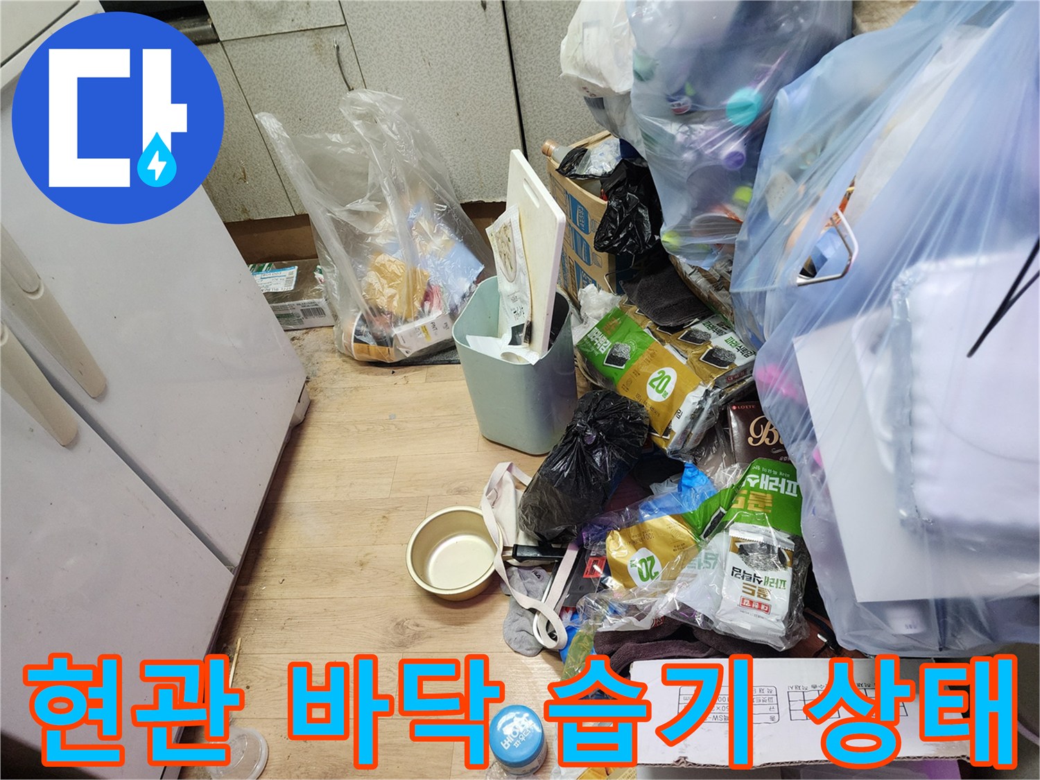 송파구 현관 장판 아래 젖어있는 누수 현장 모습