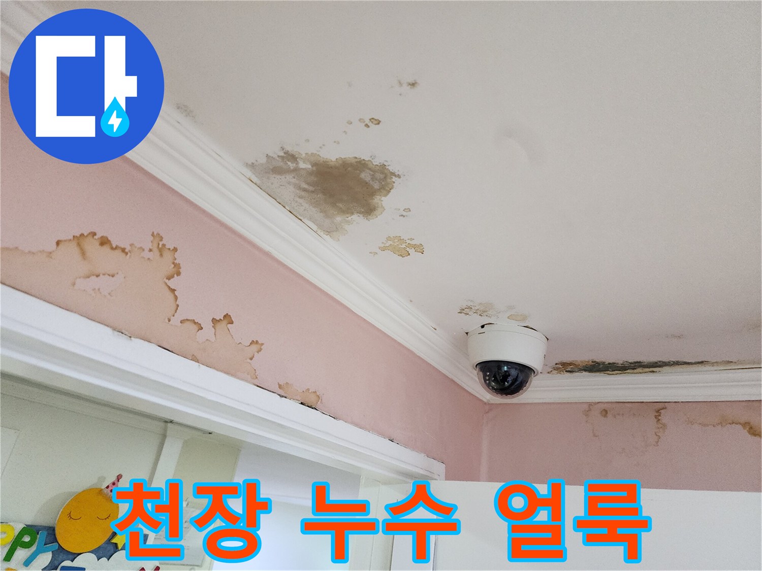 강남구 아파트 천장 벽지에 나타난 누런 물자국과 곰팡이 흔적