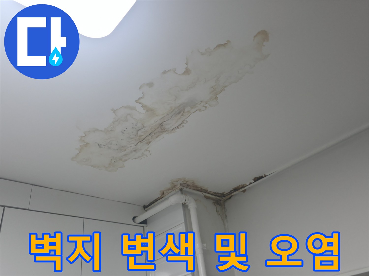 습기로 인해 누렇게 변한 천장 벽지 부분 - 누수 탐지 진행 중