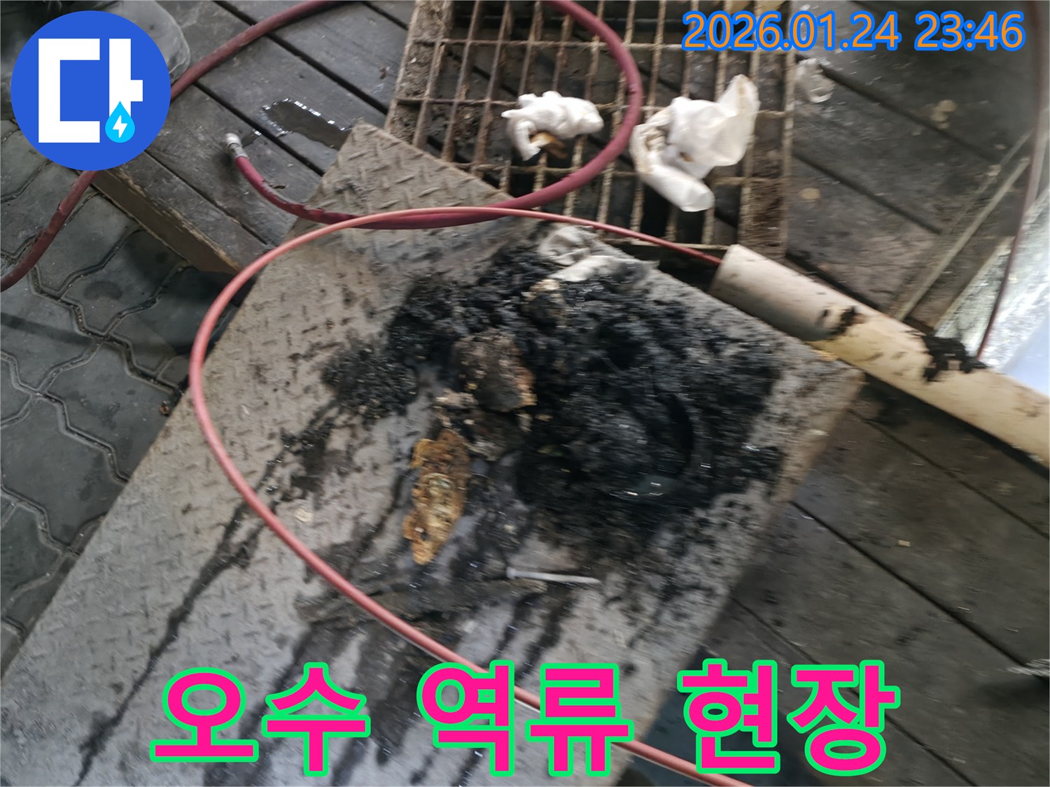 영등포구 대림동에서 발생한 배관 막힘으로 인한 오수 역류 현장 - 위생적인 문제를 해결하기 위한 전문 작업이 진행됩니다.
