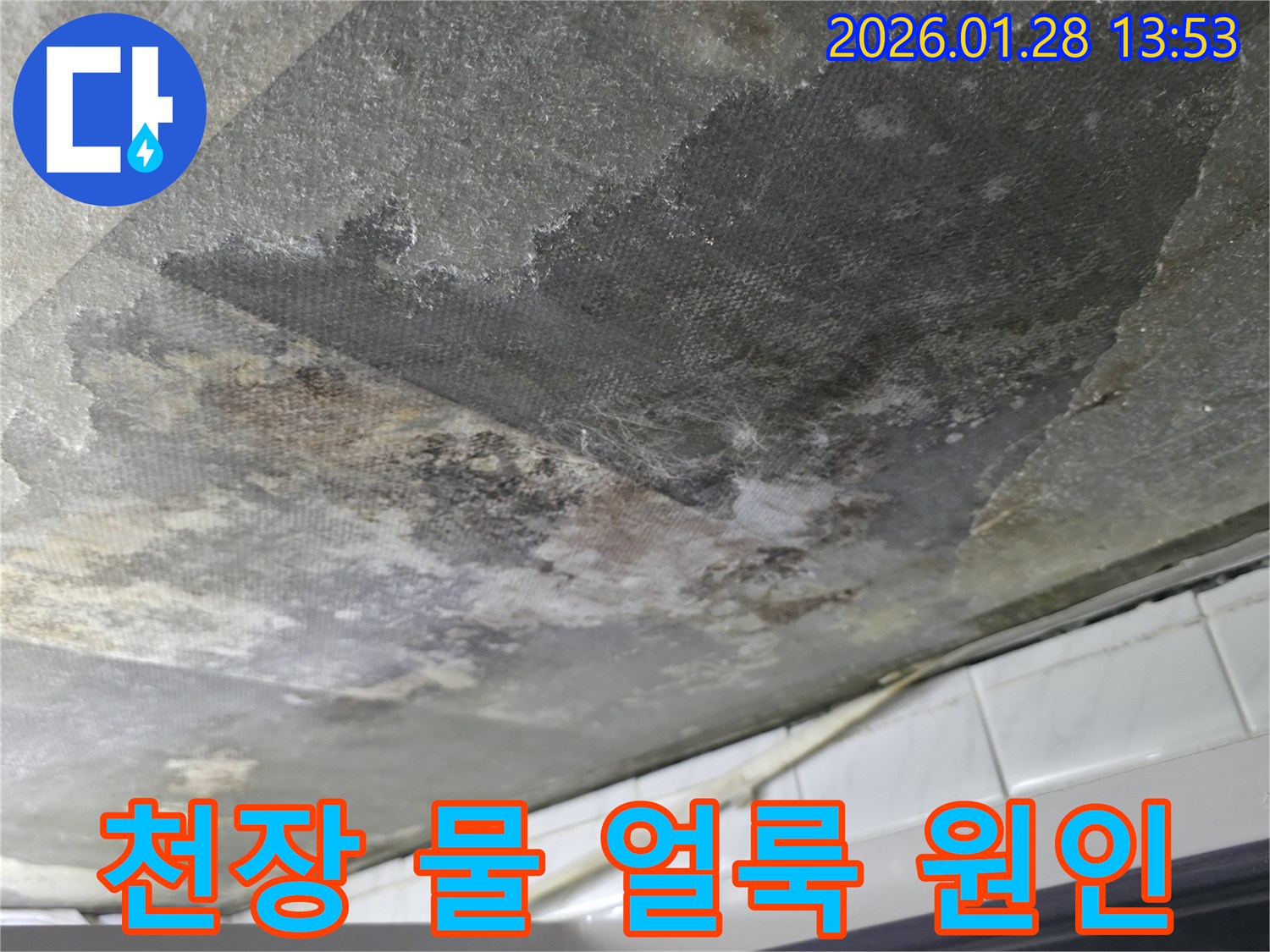 부천 아파트 천장 누수-물 얼룩과 함께 마감재가 벗겨진 모습-정확한 누수 원인 파악의 중요성을 강조하는 사진