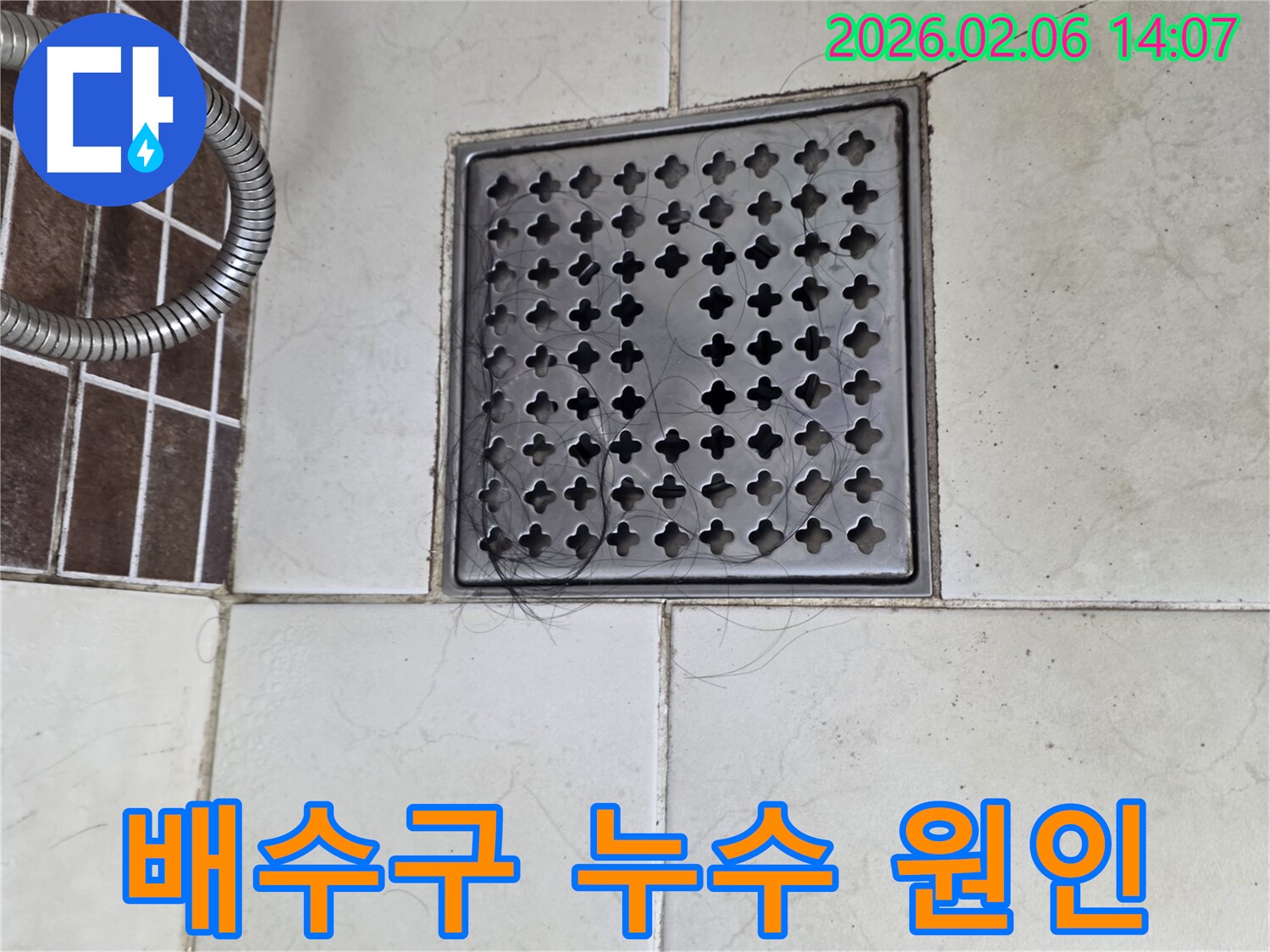 머리카락으로 막힌 배수구 주변의-타일 상태를 보여주며-누수 가능성을 시사하는 이미지입니다