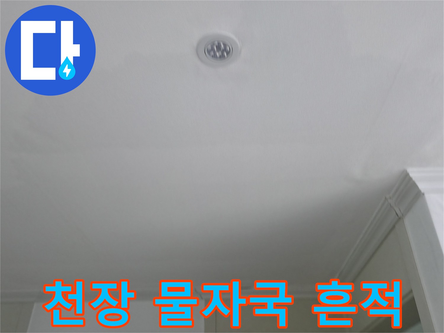 화장실 입구 천장의 넓은 물자국과 변색 상태