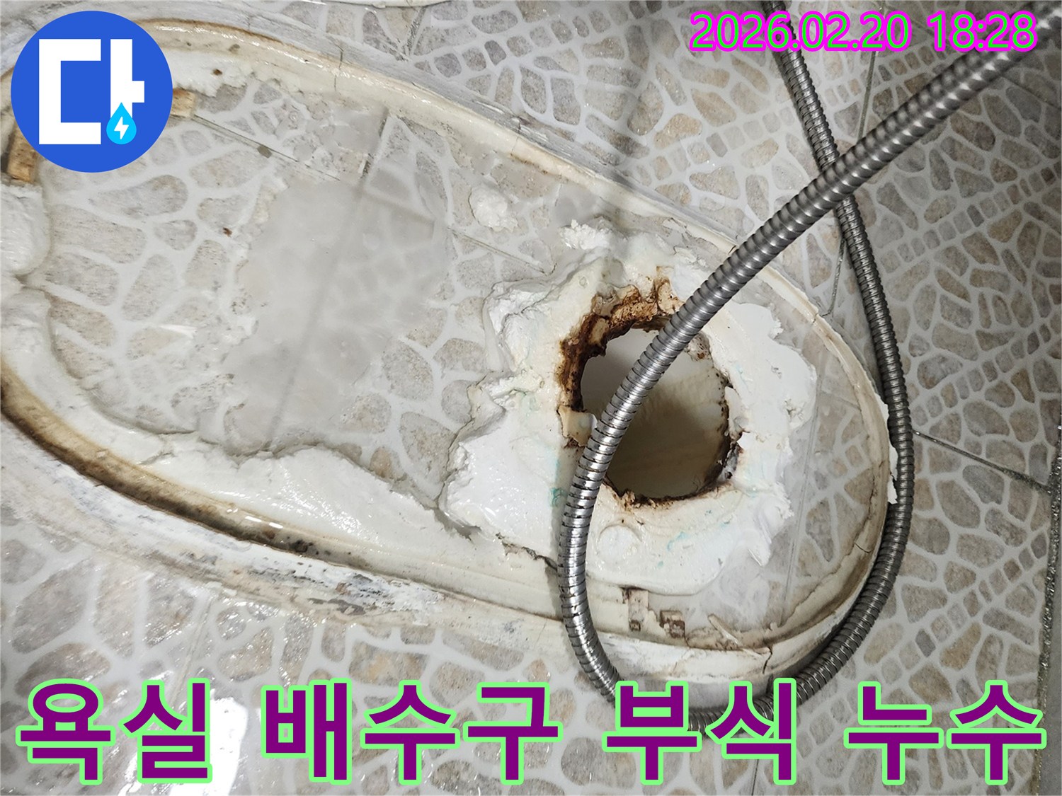 욕실 바닥 배수구 주변의 심각한 누수 현장-오래된 배관 부식으로 인한 문제점