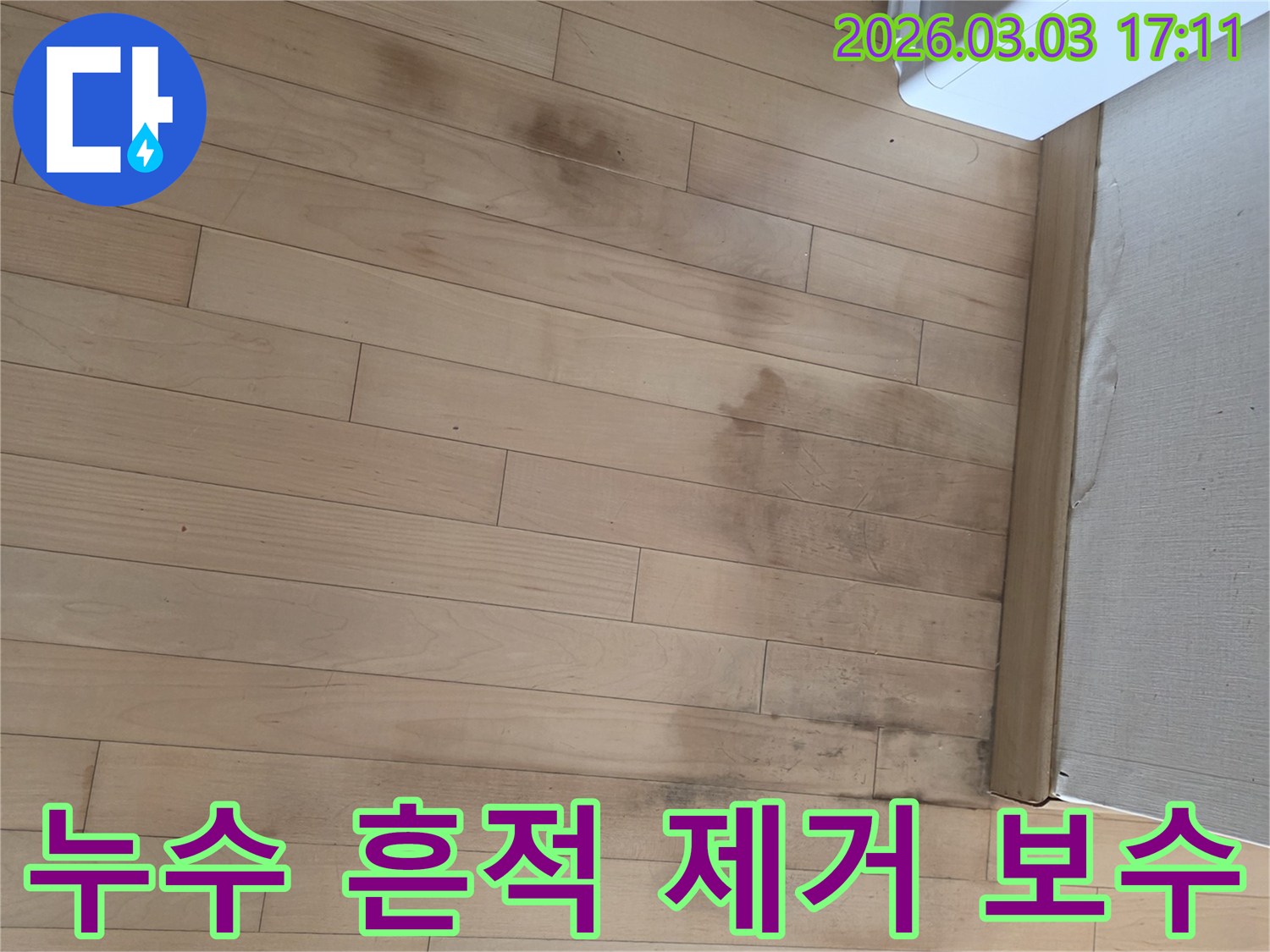 습기로 인해 마루가 손상되고 곰팡이가 번진 현장입니다-누수 원인 제거가 우선입니다