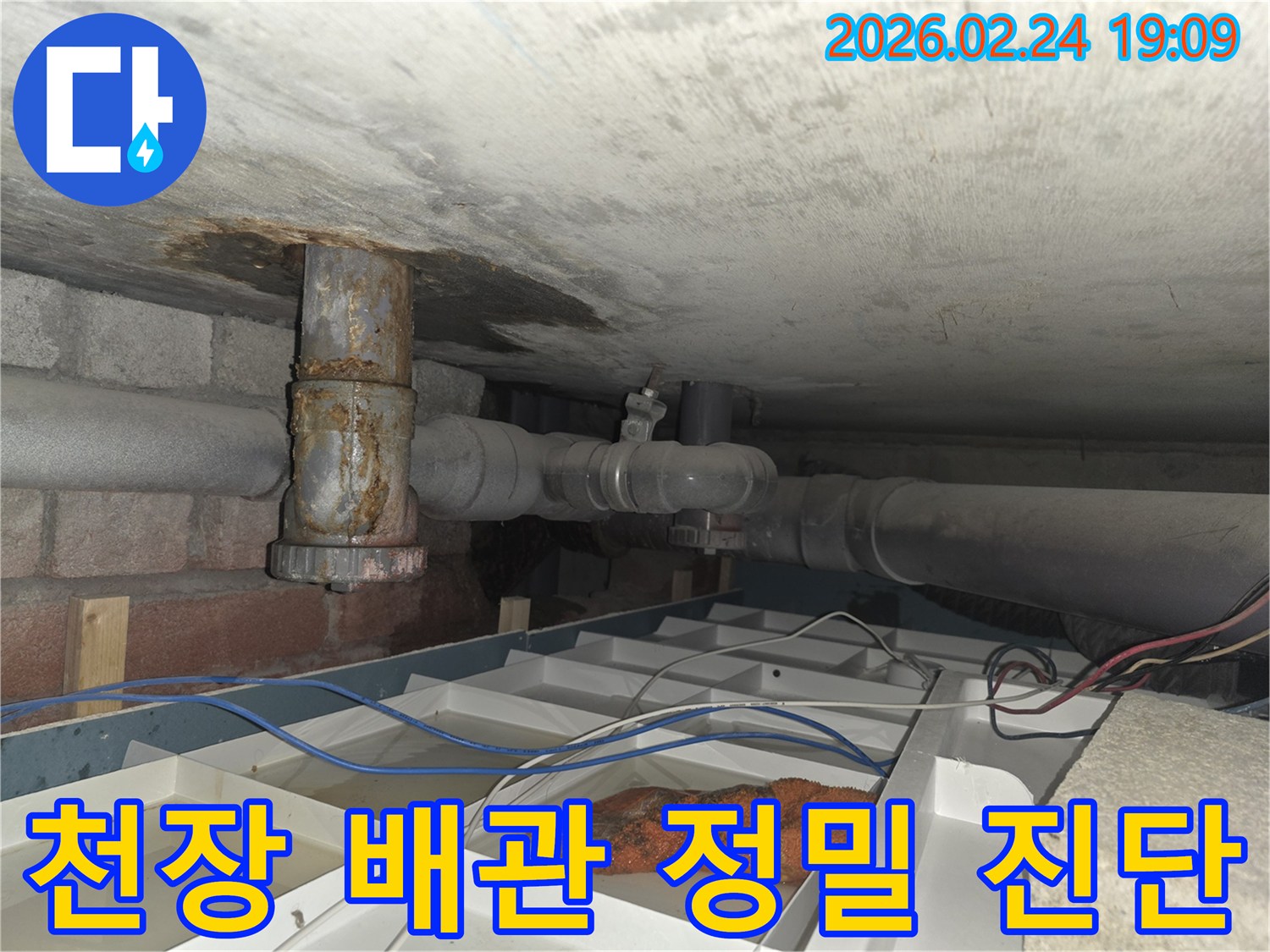 천장 아래의-낡은 배관에서-물이 새어 나와-임시 물받이에-고인 현장