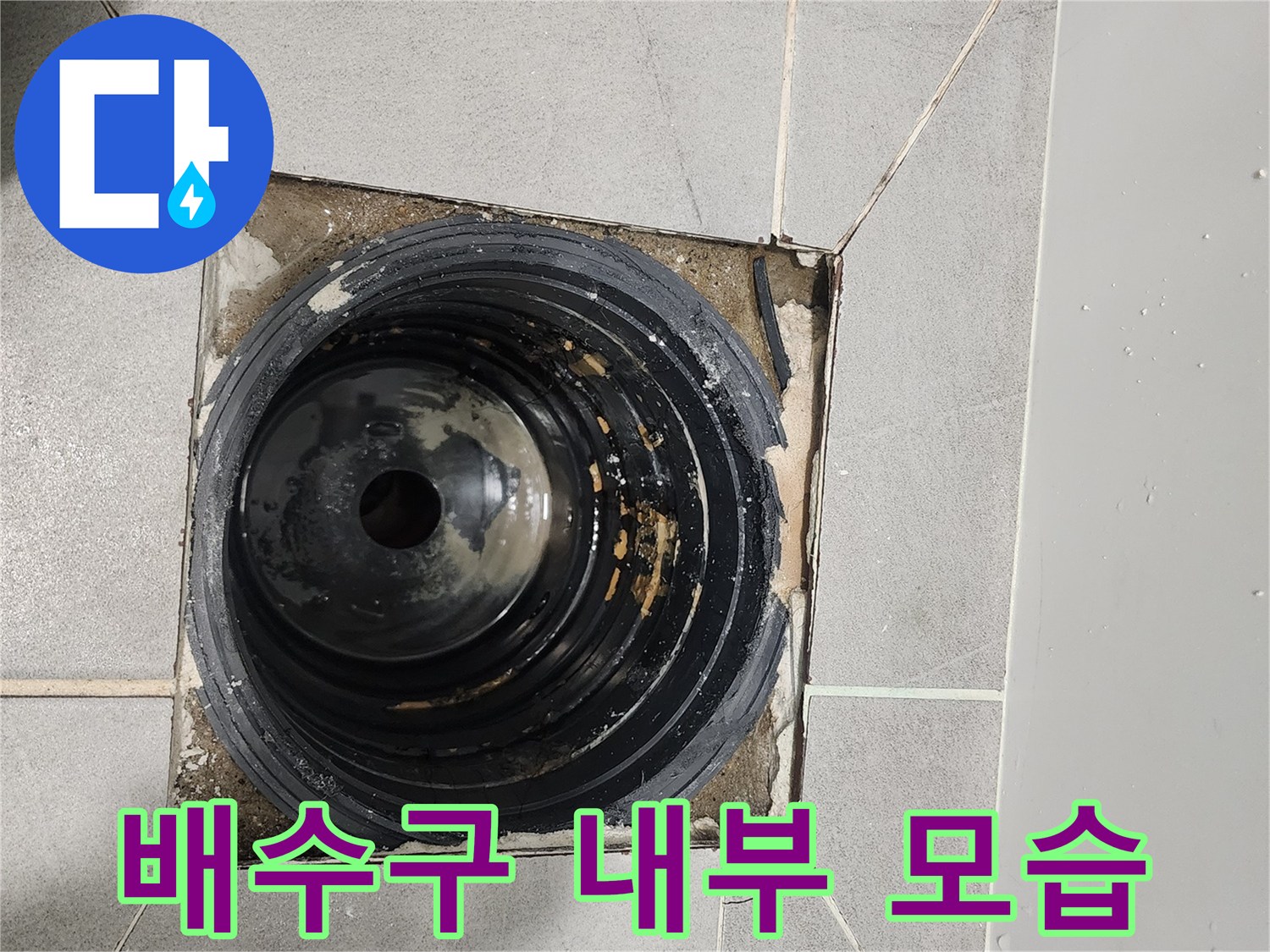 유가를 제거하여 드러난 욕실 배수관의 오염된 상태