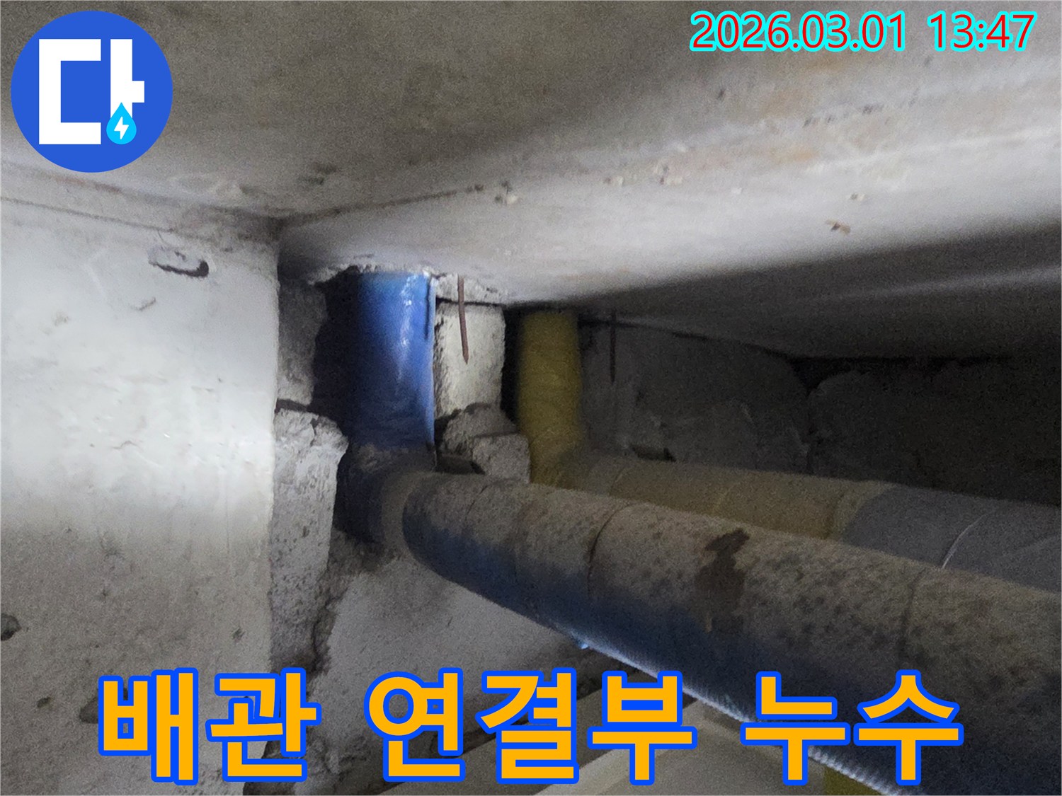 배관 연결부에서 발생한-누수 현장을-정밀하게 점검하는-사진입니다.