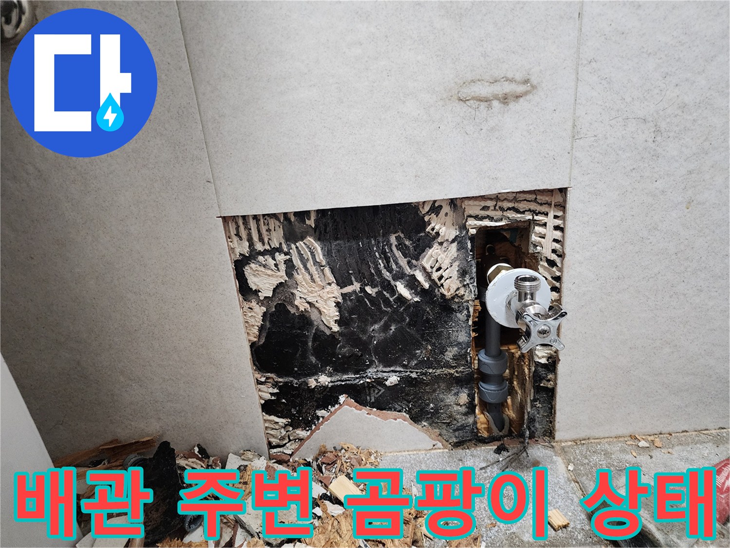 노출된 급수 배관-주변의 검은색 곰팡이와-벽면 부식 현상