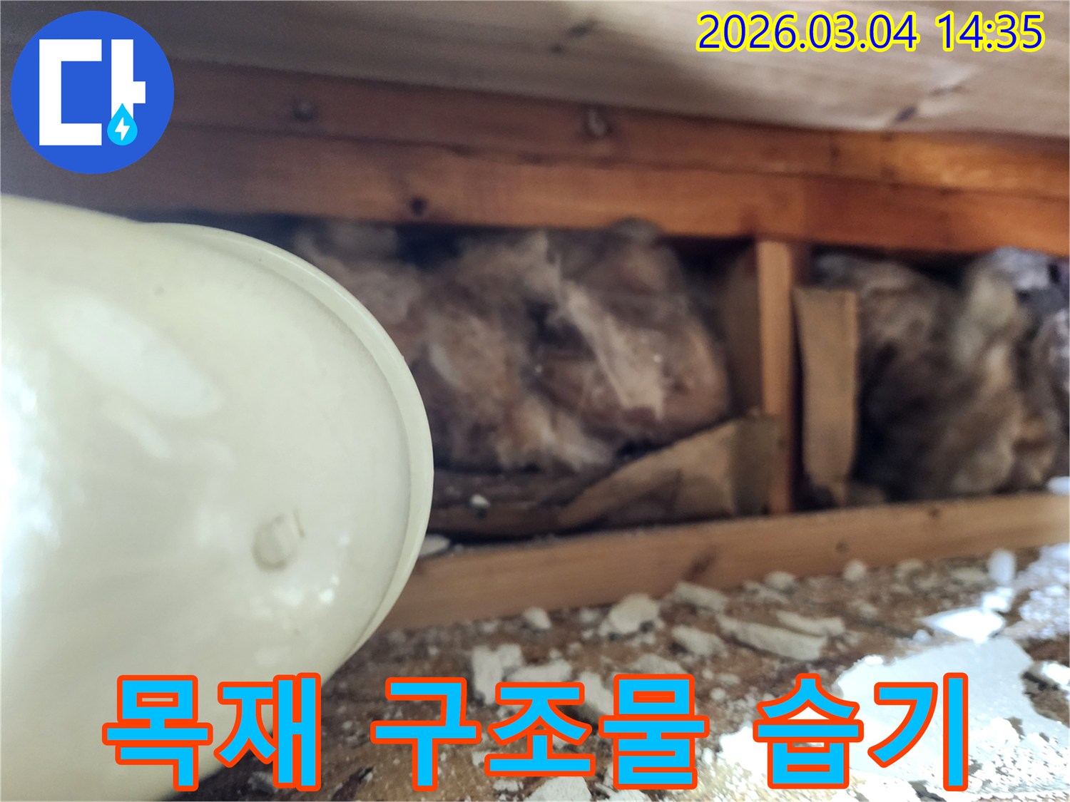 누수 엔지니어가-천장 내부의-목재 구조물에 발생한-습기 피해와-변색 여부를-면밀히 점검하는 모습