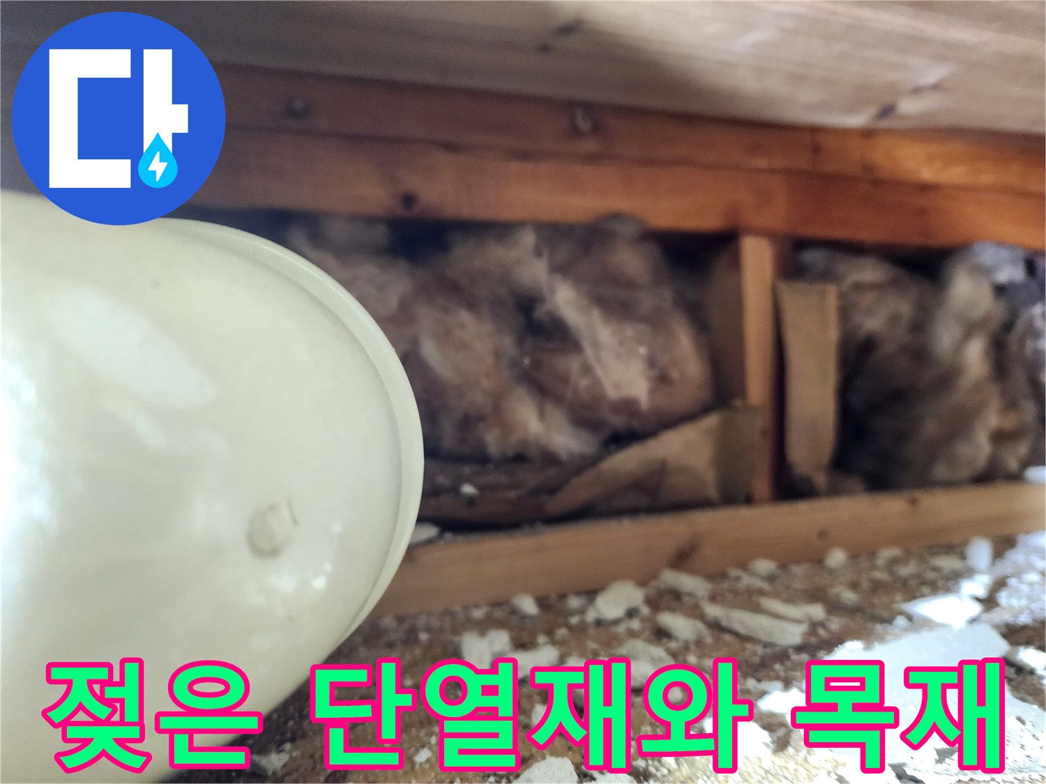 천장 내부 구조물-누수로 변색된 목재와 젖은 솜 형태의 단열재