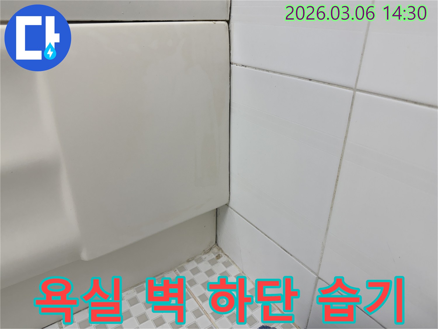 욕실-바닥-타일과-벽면-타일-사이의-틈새에-생긴-습기와-오염을-보여주며-누수-가능성을-시사합니다