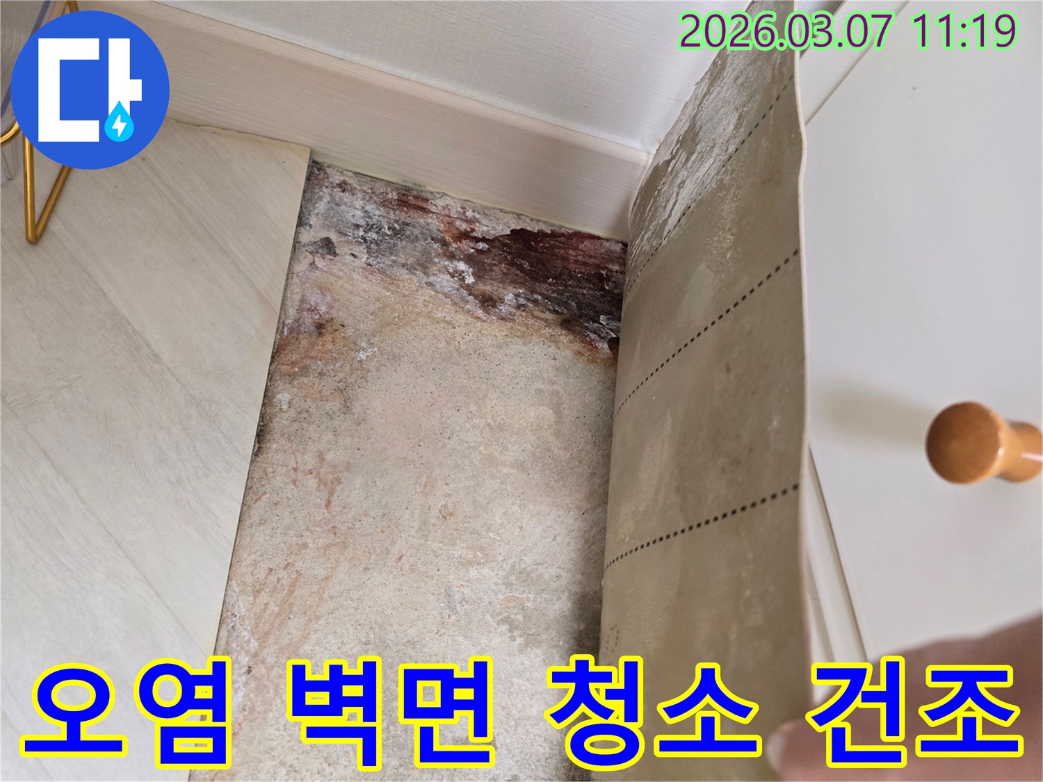 벽지를 제거한 후 드러난 오염된 벽면의 청소 및-건조 작업 전 모습