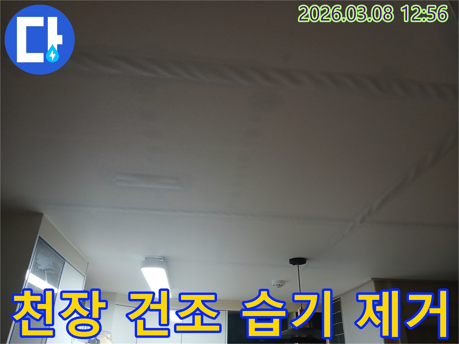 누수 수리 후-천장 내부의 습기를-완벽하게 제거하기 위한-전문 건조 작업 현장