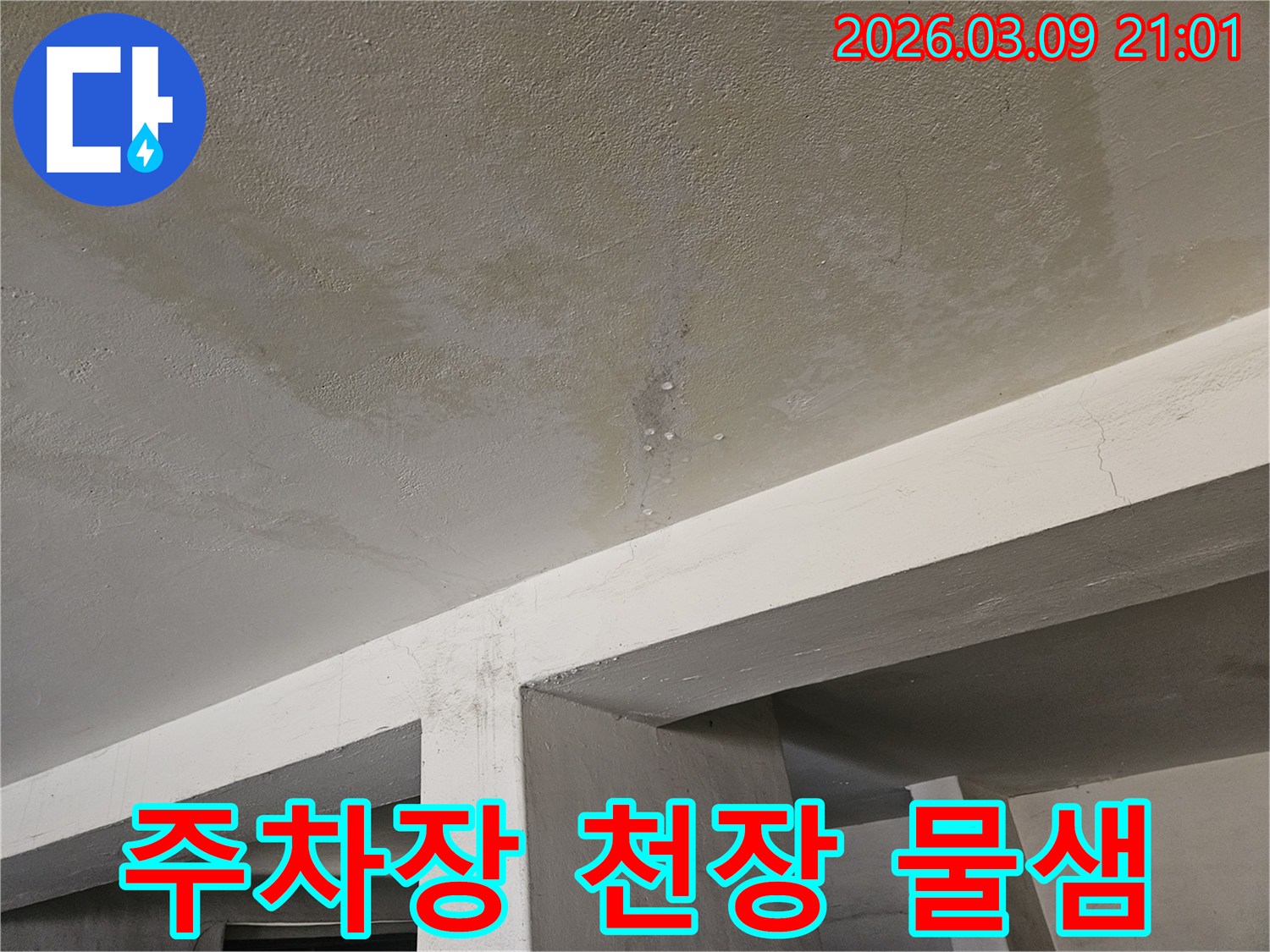 지하 주차장-콘크리트 천장에서-물이 새어-얼룩지고-물방울이 맺힌-누수 현장-사진입니다.
