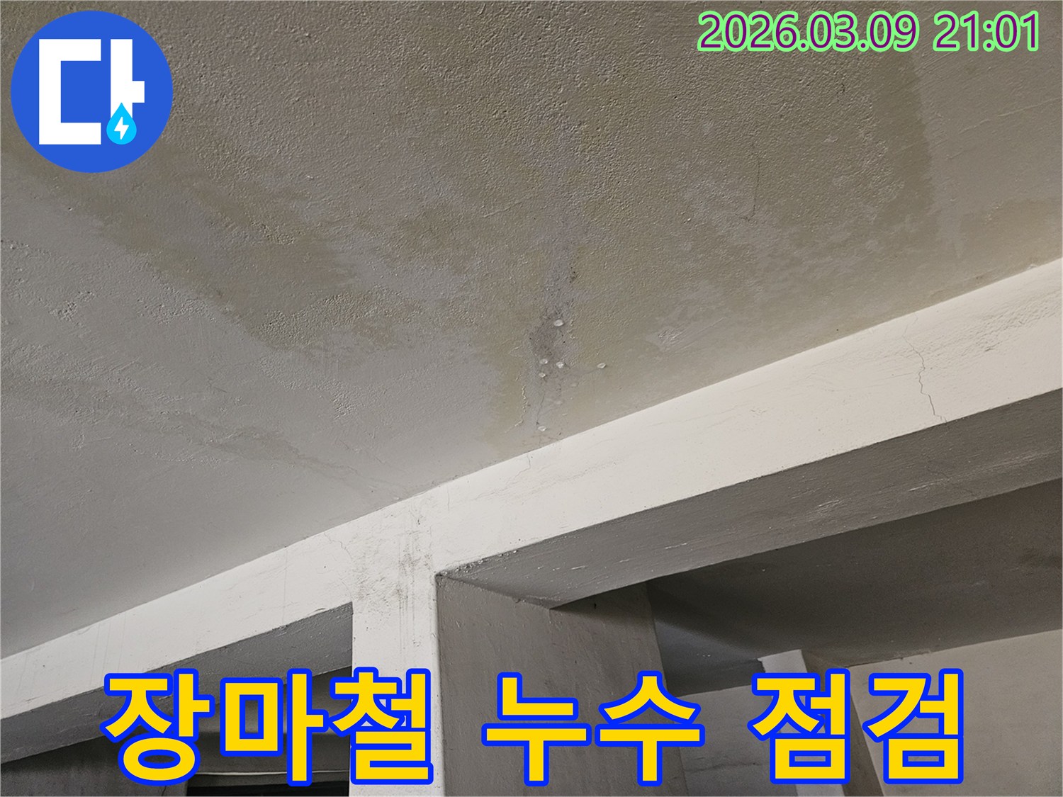 콘크리트 천장에서-물이 새어-얼룩지고-물방울이 맺힌-누수 현장을-장마철 집중호우-대비-점검하는-모습입니다.