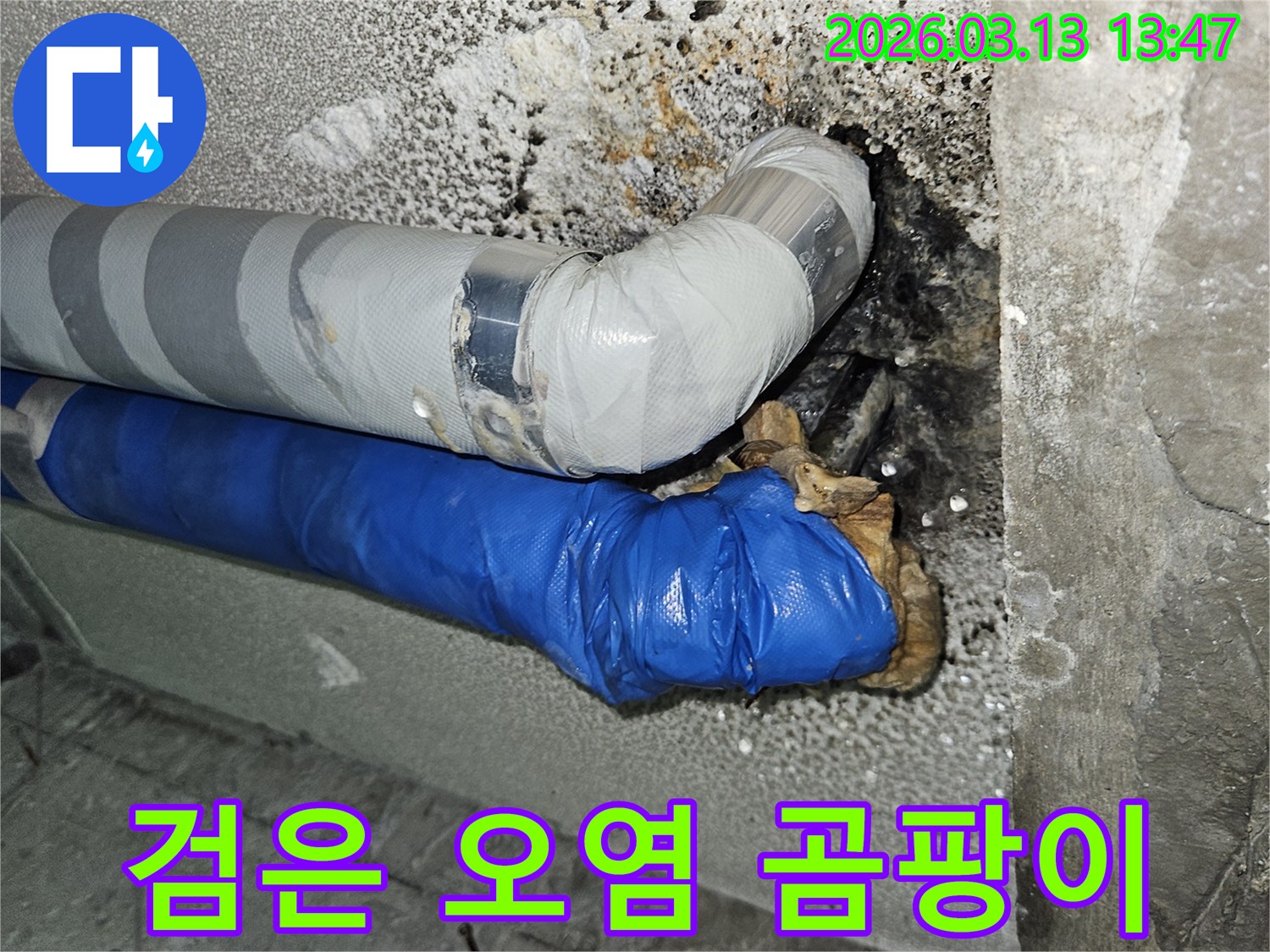 누수로-인해-배관-주변-콘크리트에-발생한-검은-오염과-곰팡이