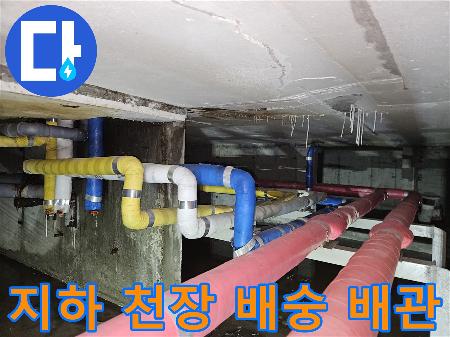 복잡한 지하 천장 배관 - 물샘 흔적이 발견된 현장 내부