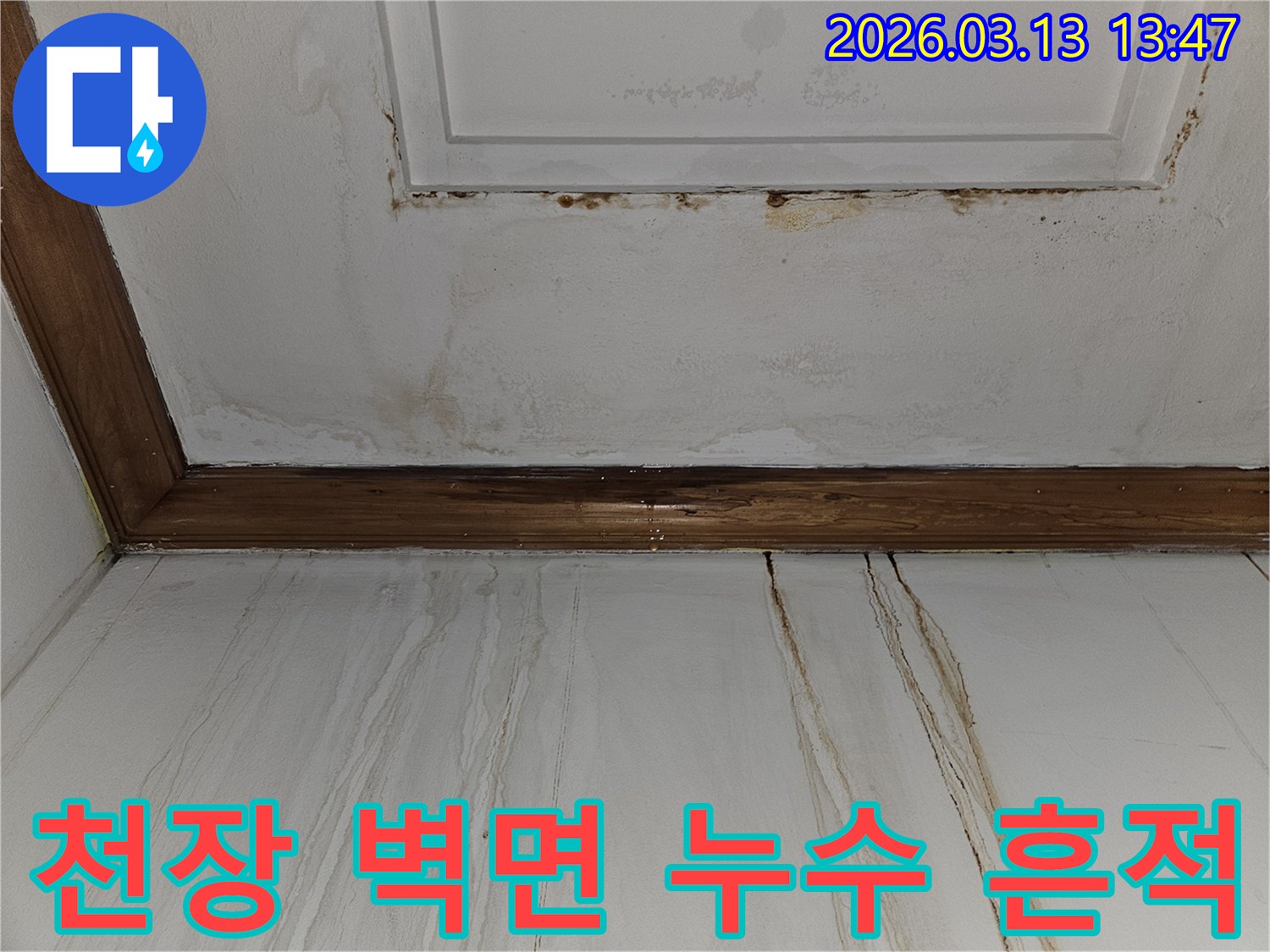 오래된 천장과 벽면의 누수 흔적을 보여주는-심각한 물 얼룩과 곰팡이가 발생한-주거 공간의 피해 상황