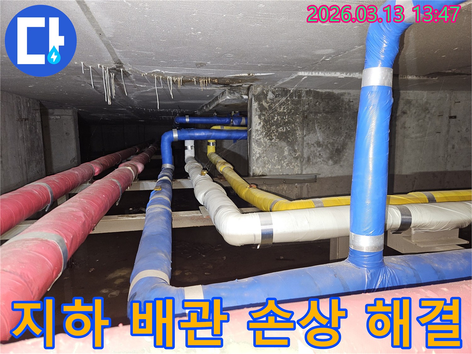 지하-공간의-복잡하게-연결된-배관들에서-발생한-손상으로-인한-물샘-현상을-정확히-진단하고-해결하는-전문가의-모습