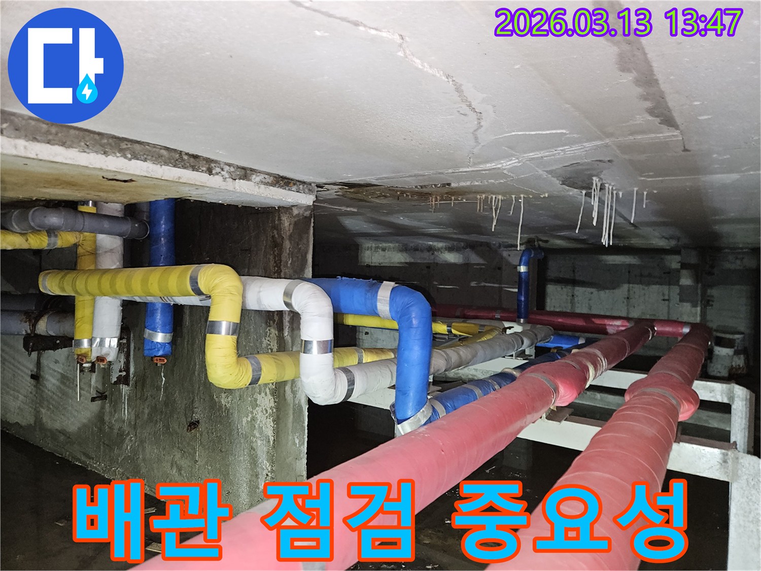 지하 천장의-다양한 배관들 사이에서-누수가 발생하여-물이 고인 현장으로-정기 점검의-필요성을 보여주는 사진