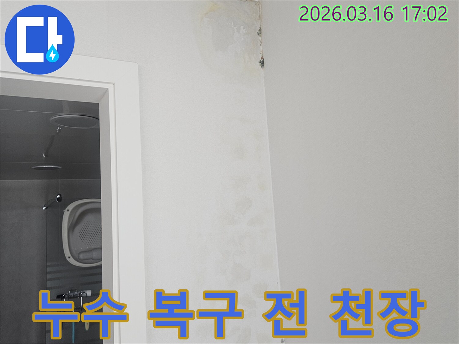 누수 복구 전-욕실 천장 모서리에 심하게 번진 곰팡이와 얼룩을 보여주는 현장 사진입니다