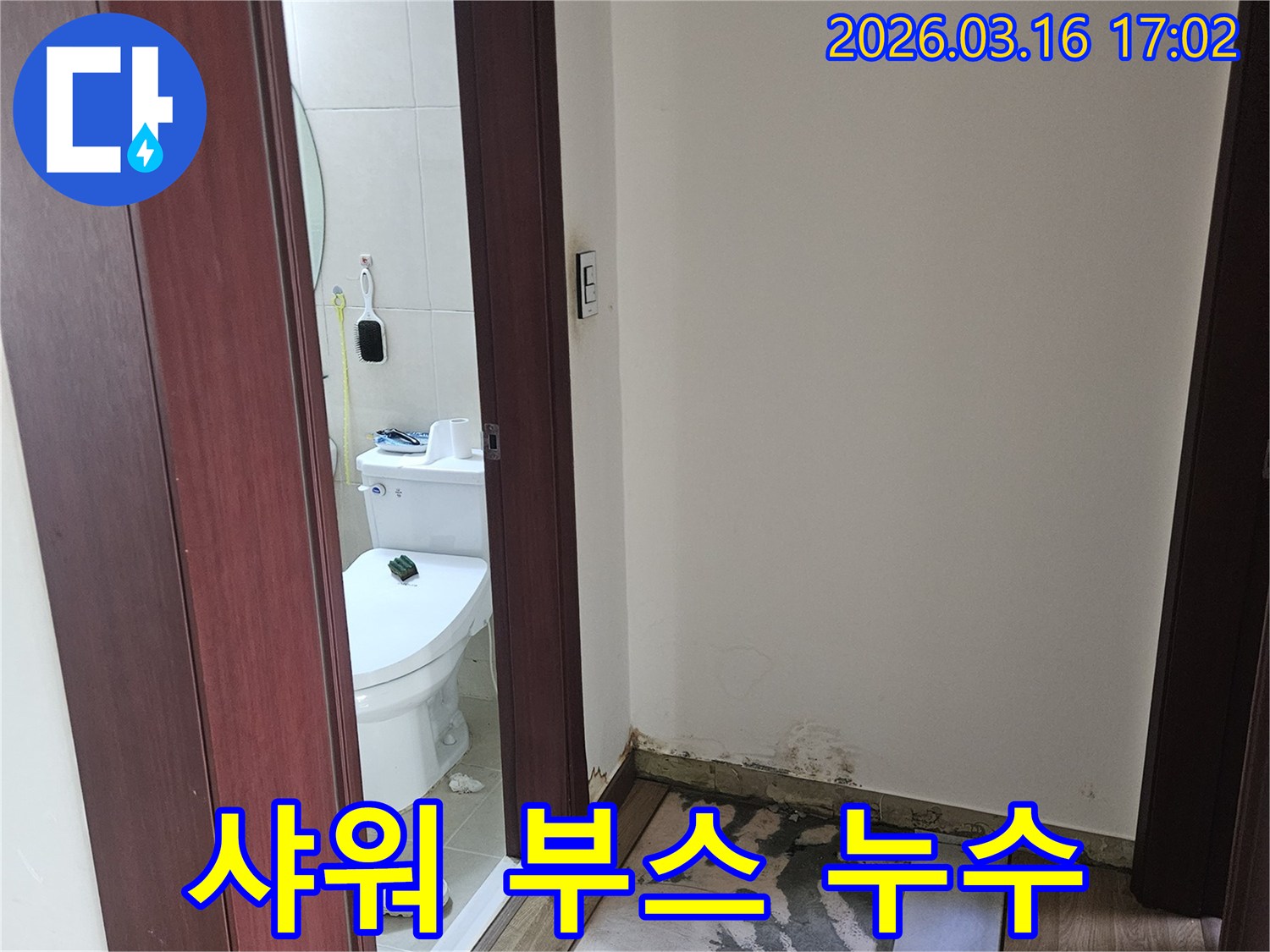 샤워 부스 주변에서-누수가 발생하여-인접한 벽면과 바닥이-손상된 현장 사진입니다