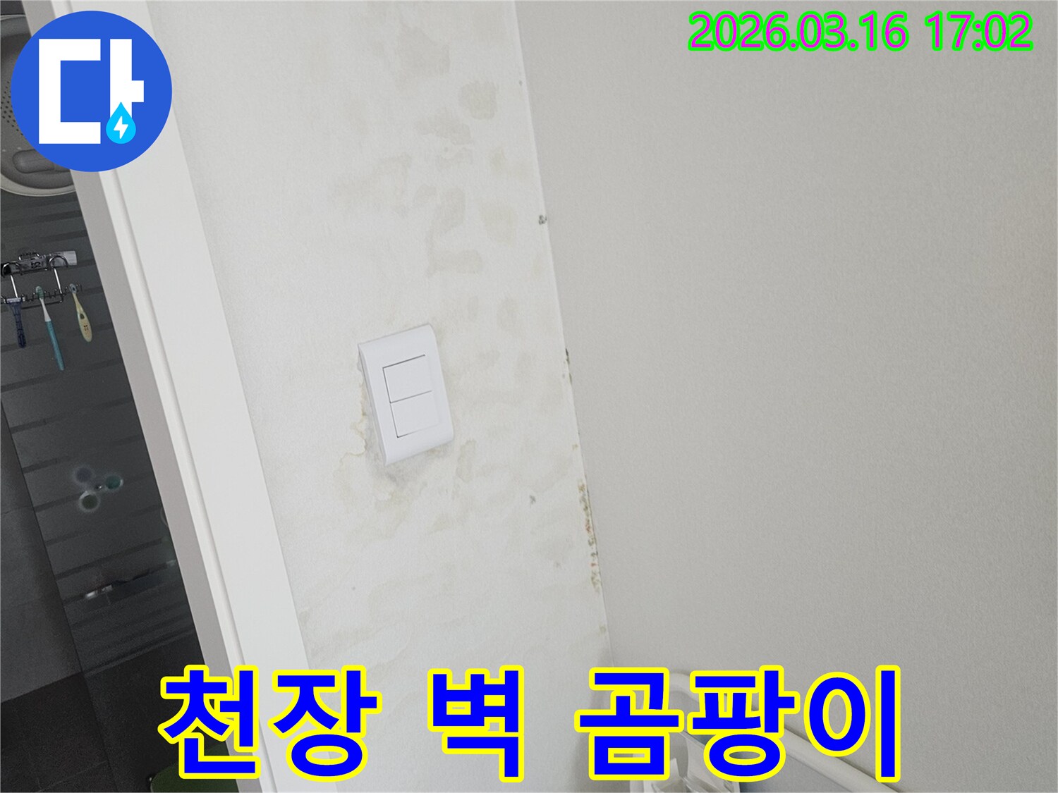 천장과 벽면에 물이 새어 발생한 누런 얼룩과 곰팡이의 초기 흔적-위생 문제로 이어질 수 있는 누수 현장