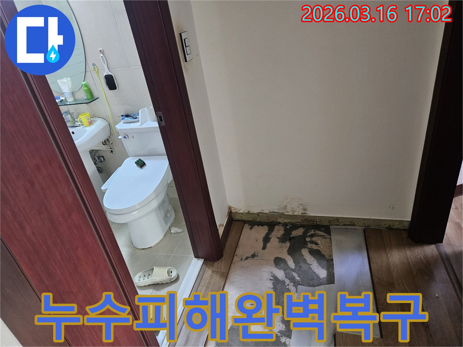 화성 병점동 아파트-욕실 누수 현장에서-발견된-바닥 손상과-벽면 곰팡이의-모습을-완벽하게 복구하기 전-기록한 사진