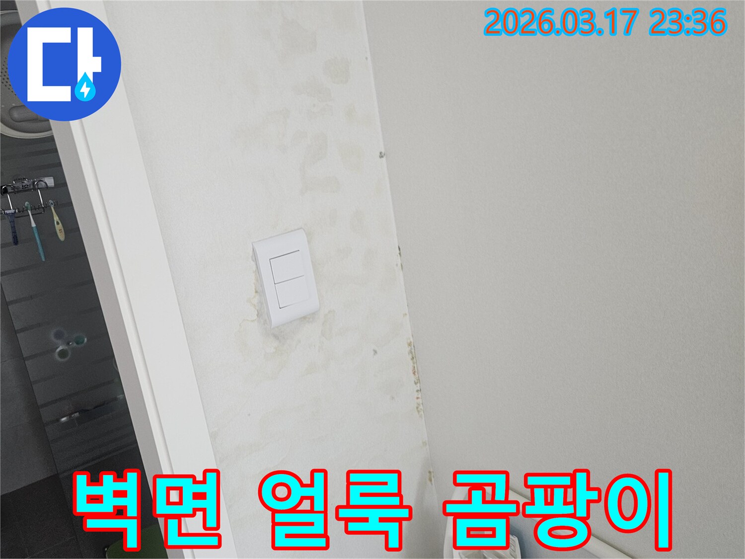 누수로 인한-벽면의-얼룩과-곰팡이를-제거하기-전의-상태를-보여줍니다.