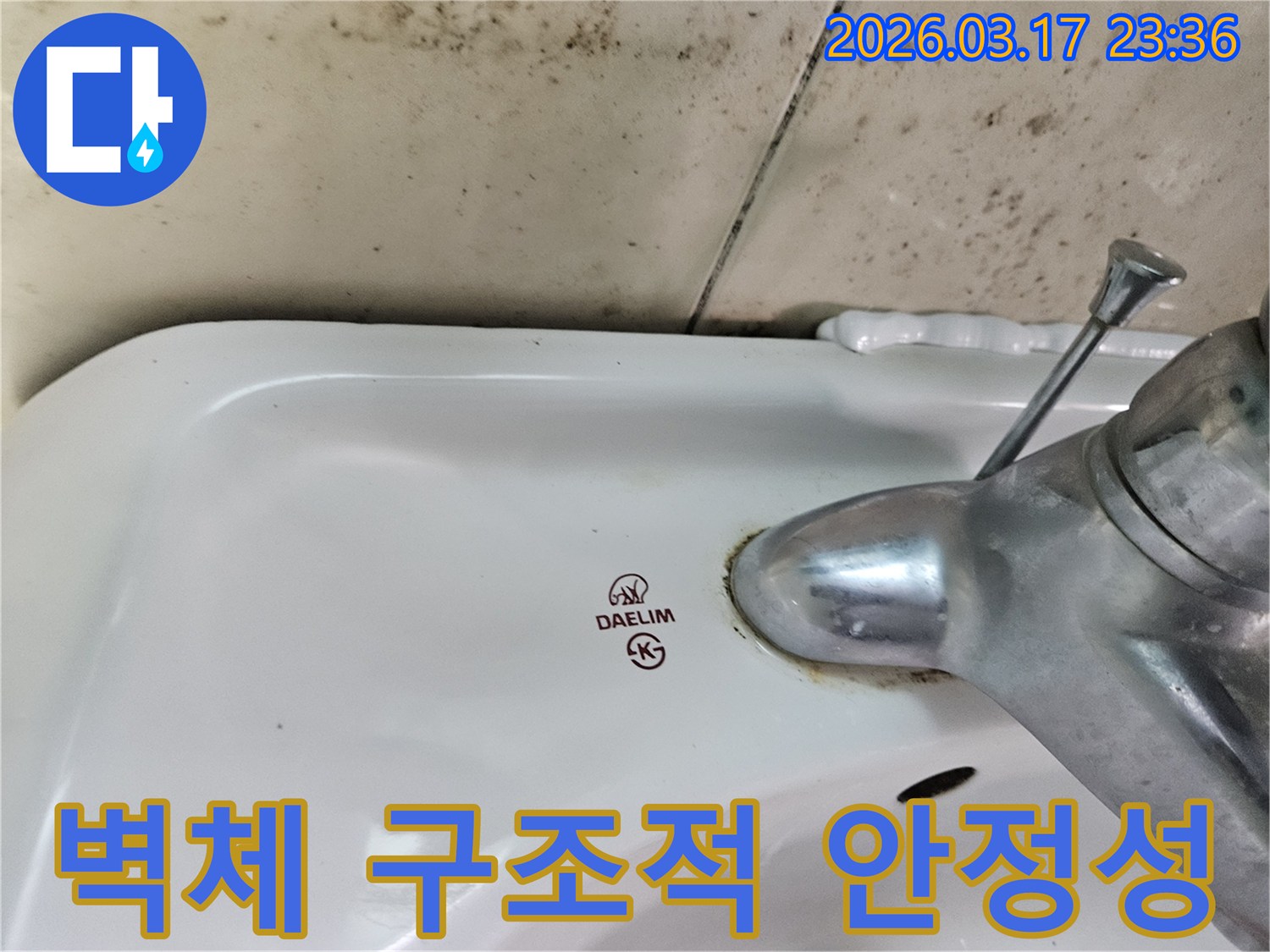 대림 세면대 뒤편 벽에- 심각하게 번식한 곰팡이가- 벽체 구조적 안정성 위협을- 시사합니다