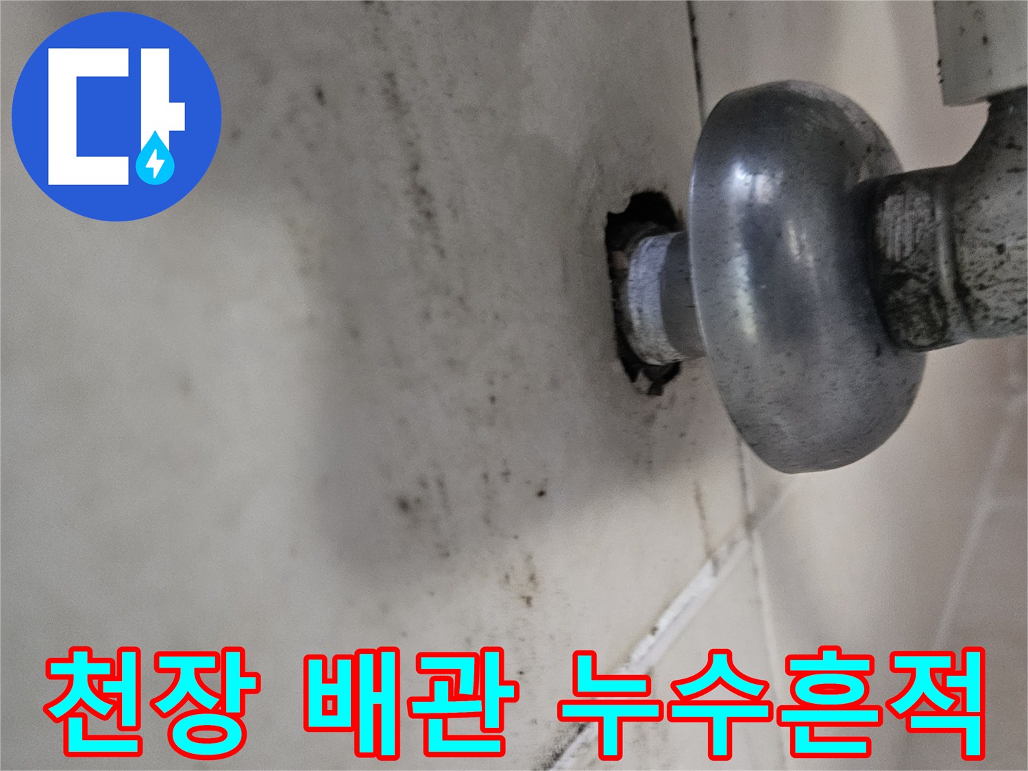 배관 주변의 어두운 습기 흔적과 천장 마감재 상태