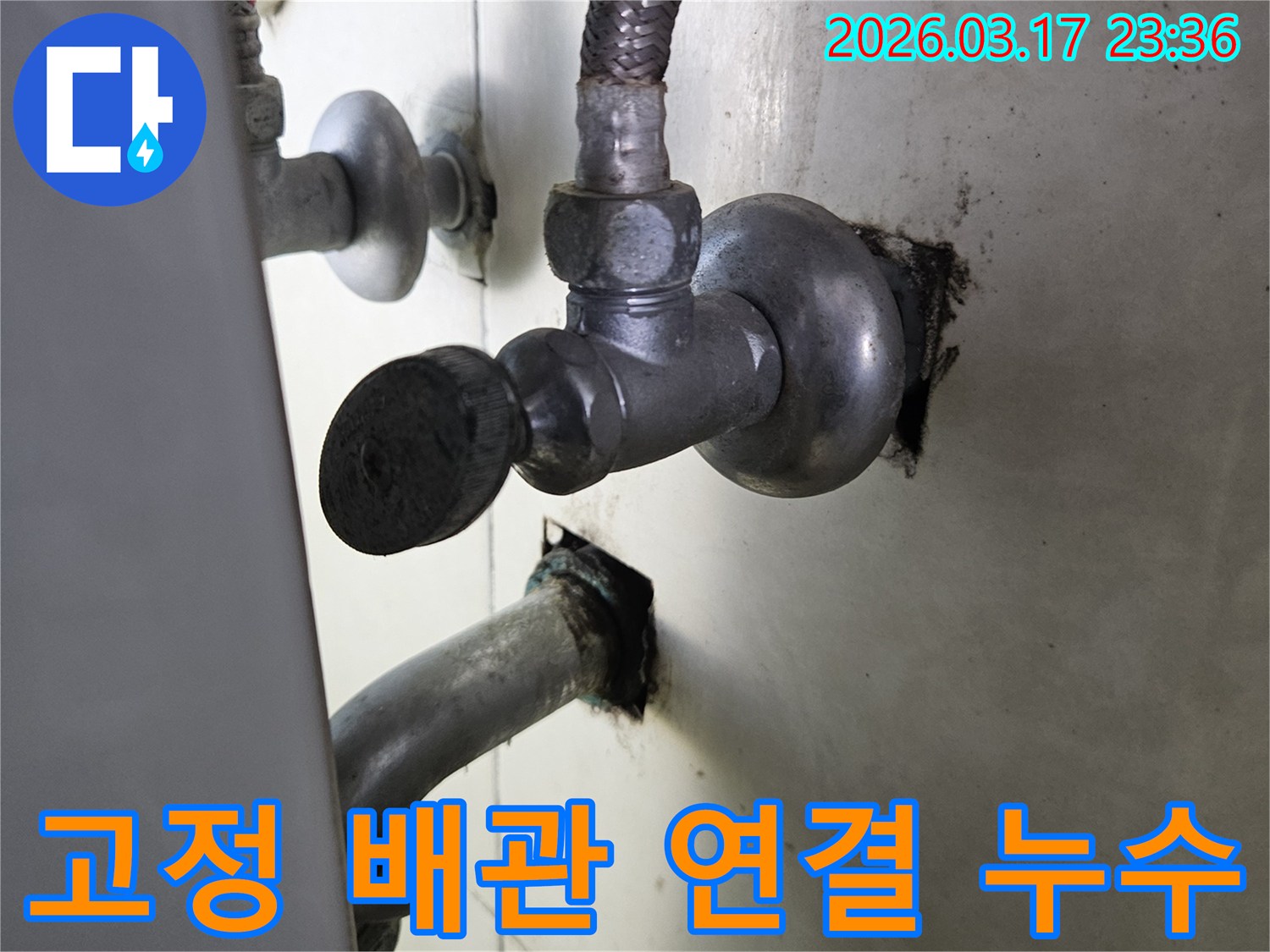 싱크대 하부의-고정 배관 연결 부위에서-물이 새어 나와-주변이 젖고 있는-누수 현장입니다.