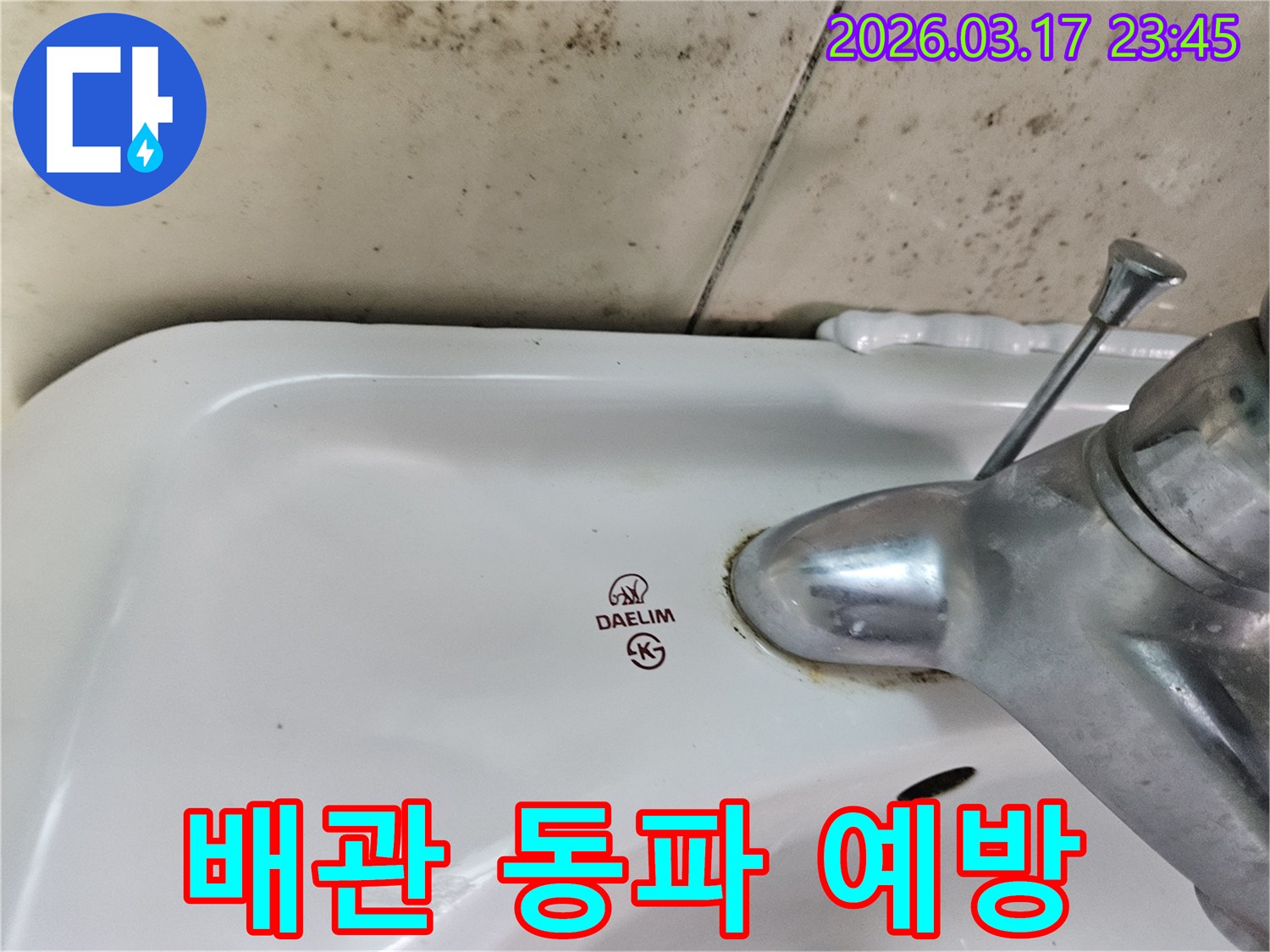 오래된 대림 세면대와 수도꼭지 주변에 생긴-물때와 벽면 곰팡이가-세면대 주변 배관 동파 예방과 겨울철 누수 관리가 필요한 현장을 보여주는 사진입니다.