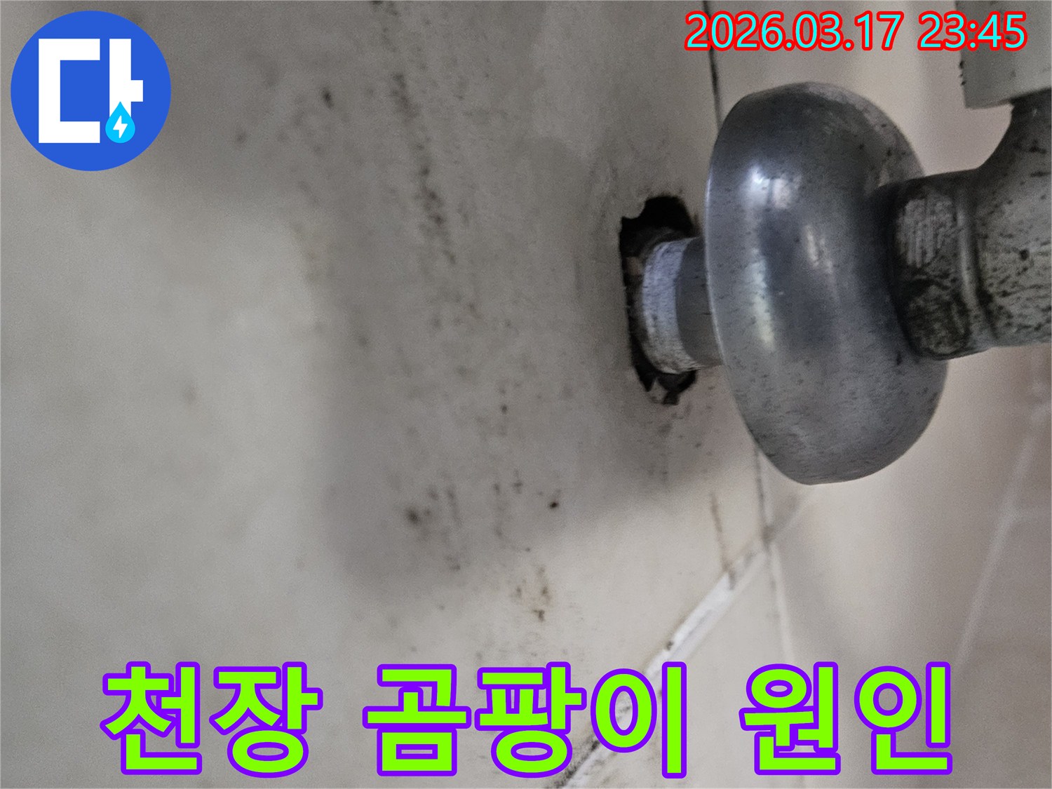 이 사진은 천장 배관 주변의 누수로 인해-곰팡이와 물때가 심하게 생긴 모습을 보여줍니다