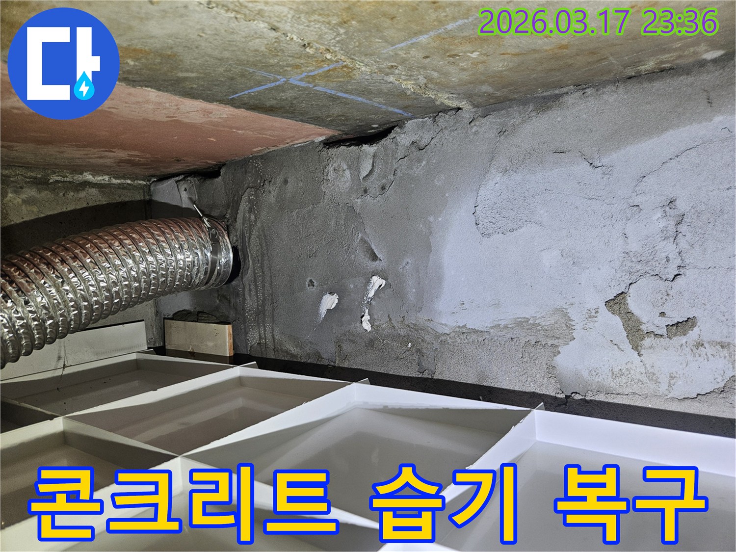 천장 콘크리트가 물에 젖어-습기가 침투된 모습을 보여주는-누수 현장을 긴급 차단 및 복구