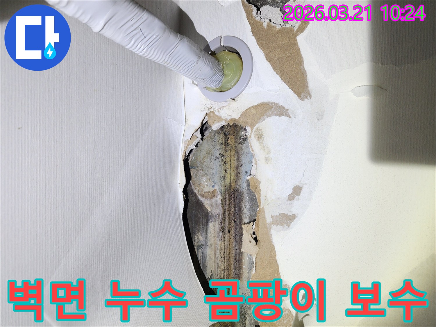 누수로-인해-벽지가-손상되고-곰팡이가-피어있는-아파트-벽면에-누수-탐지-장비가-삽입된-모습