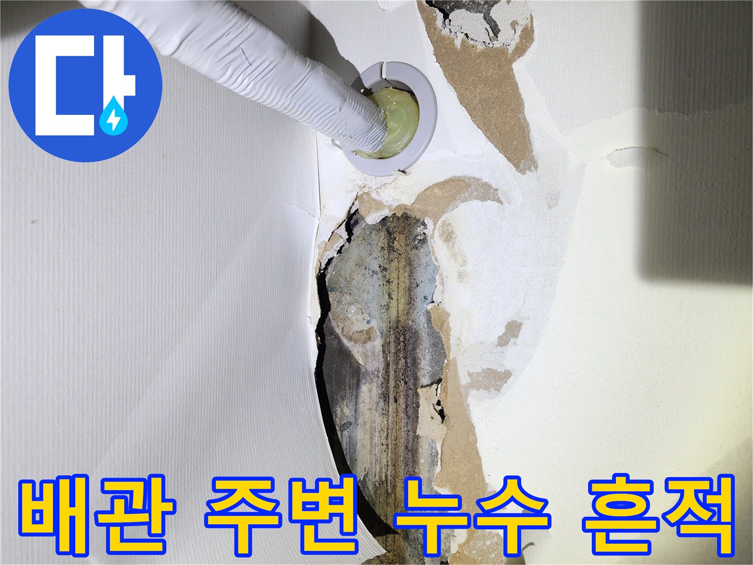 천장 마감재 제거 후 확인된 배관 주변의 습기와 오염 상태