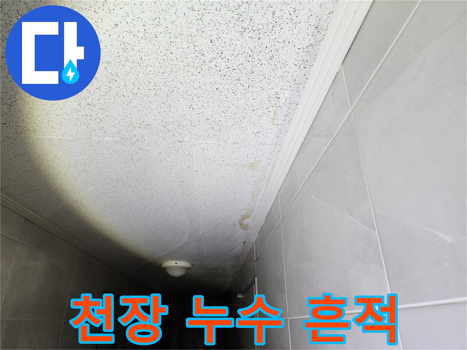 누수로 인해 변색된 복도 천장 마감재 상세 사진