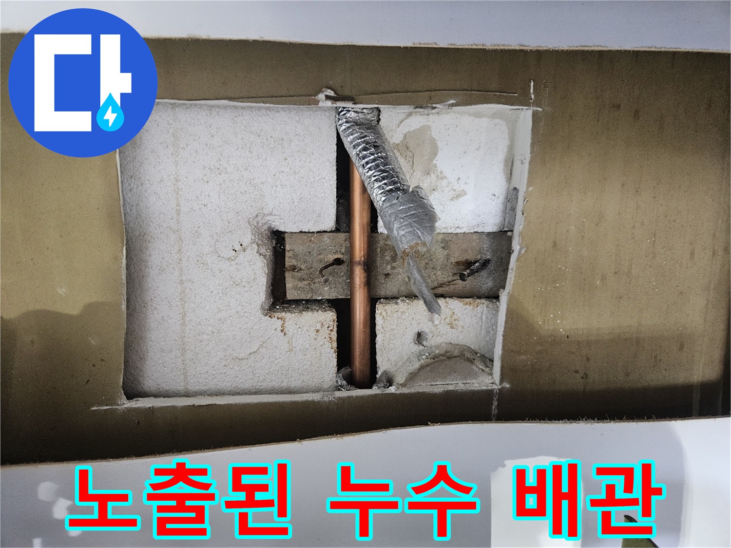 굴착 부위에서 발견된 물에 젖은 배관 구조