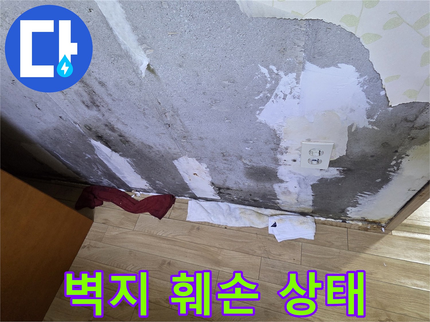 벽지가 벗겨지고 내부 콘크리트가 드러난 모습-누수 피해 현장