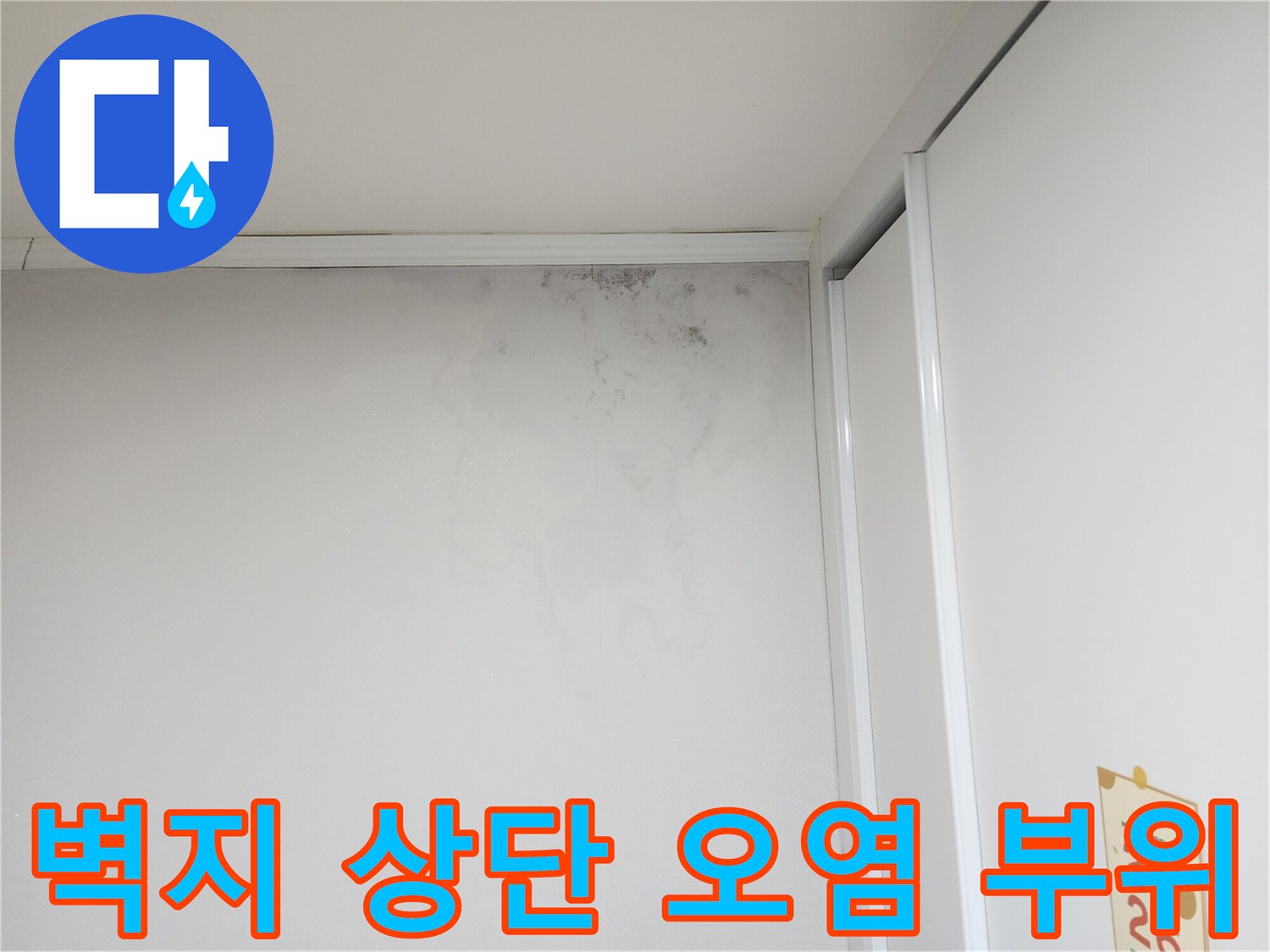 천장 근처 벽지에 나타난 넓은 범위의 누수 자국