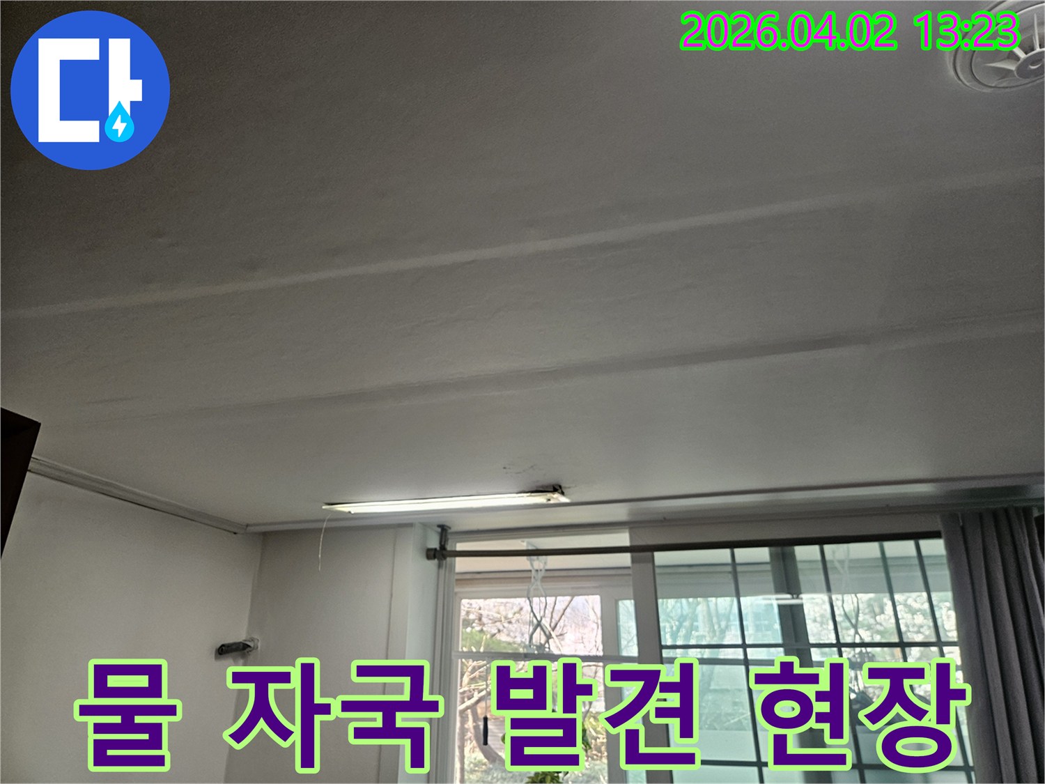 천장에 선명하게 드러난 물 자국은-누수 문제의 심각성을 시사합니다