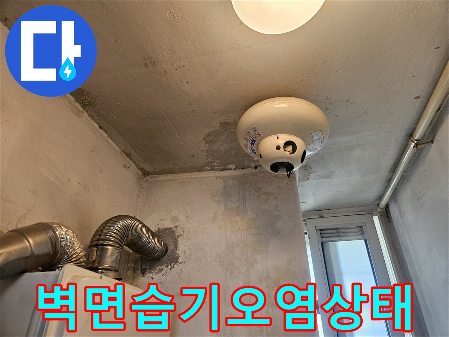 다용도실 벽면에 나타난 습기로 인한 얼룩과 변색된 천장 부위