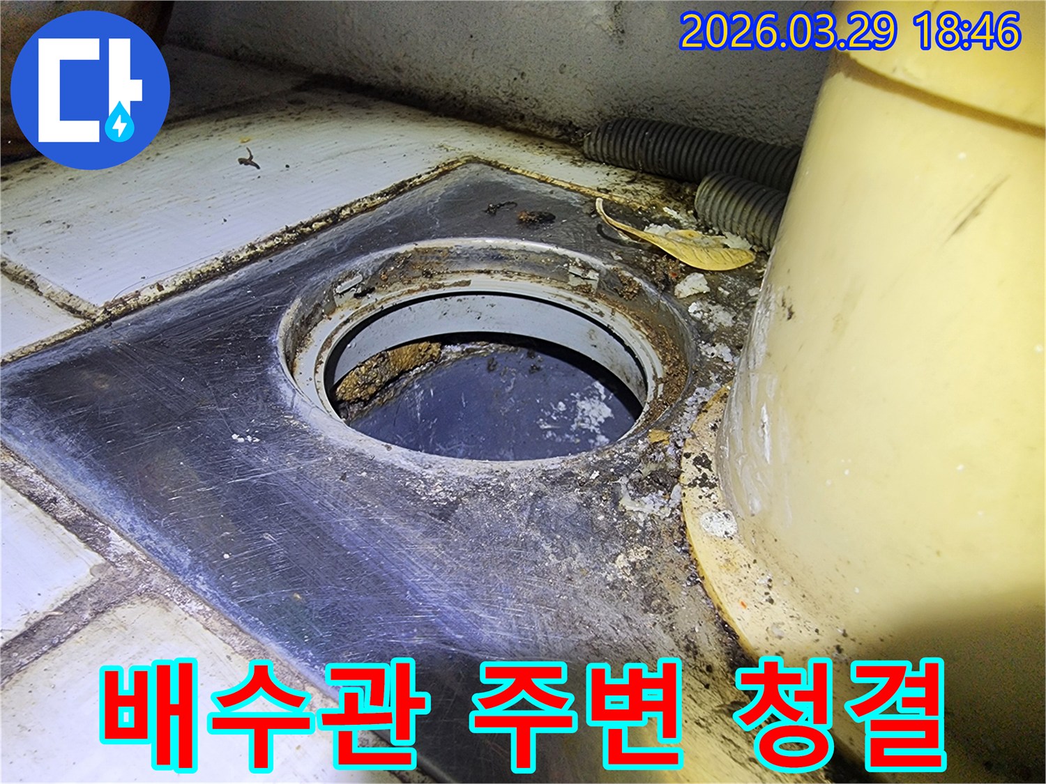 누수 탐지를 위해-확인한-배수관 입구의-오염된 모습과-주변 환경을-보여주는-사진입니다.