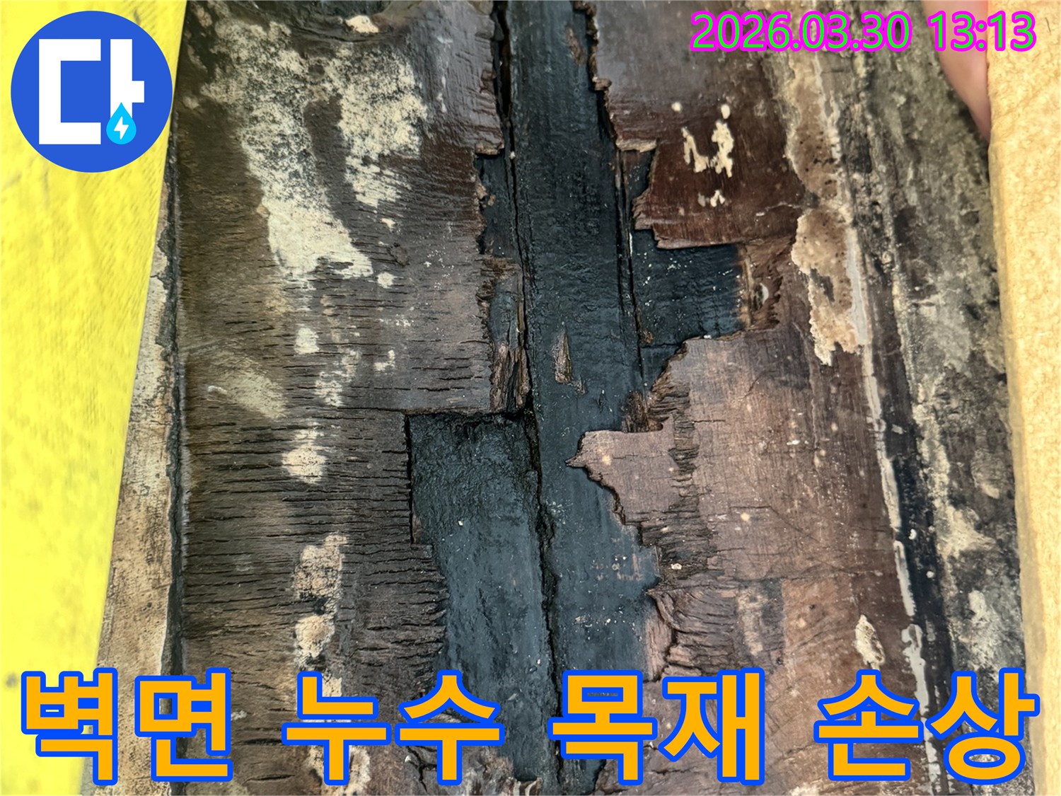 벽면 누수로 인해-목재가 물에 젖어-부식되고-페인트가 벗겨진 심각한 손상 상태