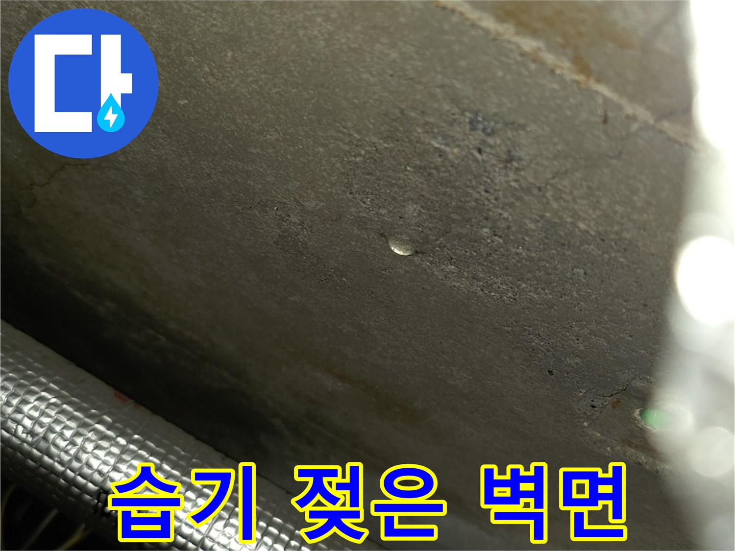 물기가 스며들어 얼룩진 배관 주변 벽면 모습