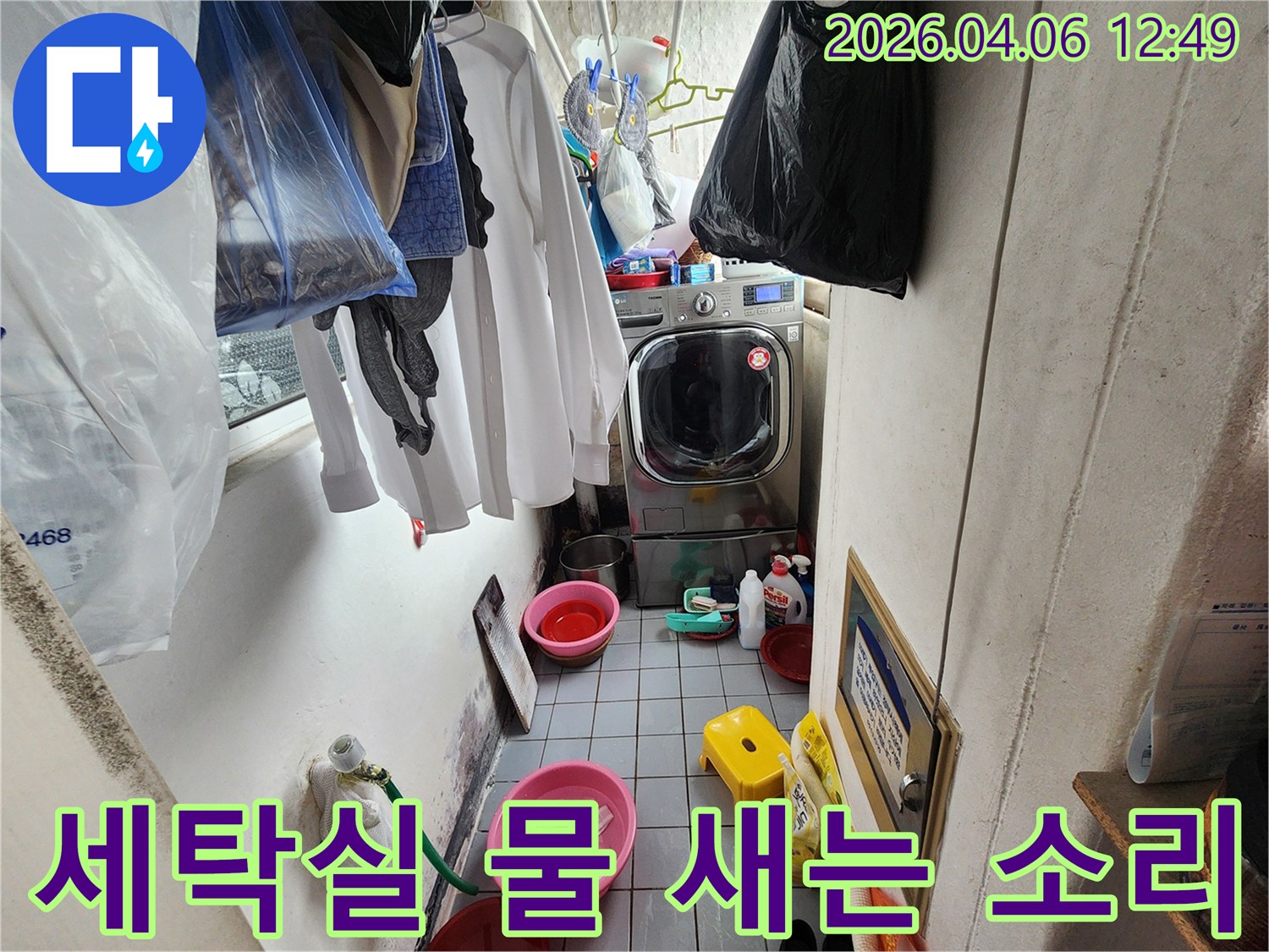 세탁실 바닥에 물이 고여 있고-벽면에 곰팡이가 피어있는-광명 아파트 누수 현장